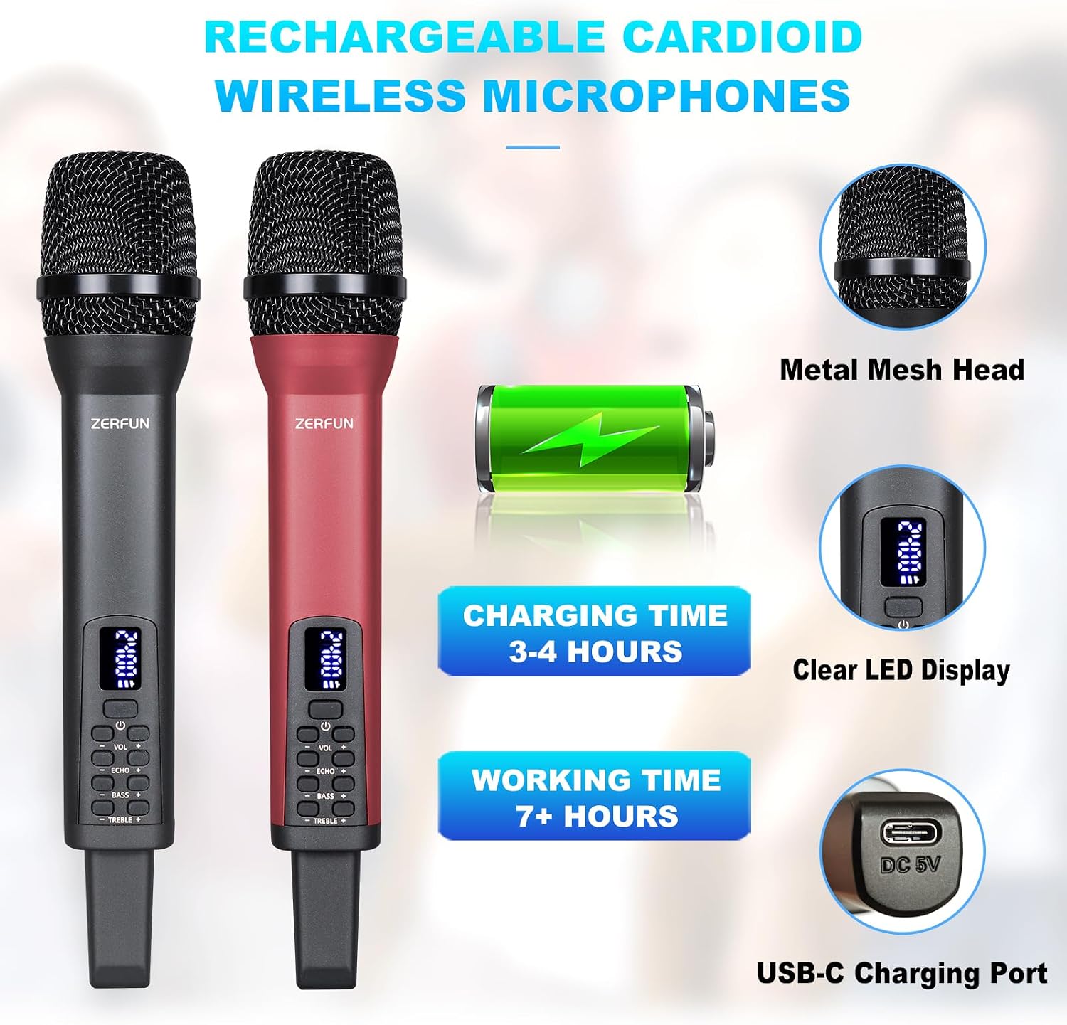 Thumbnail 2 de ZERFUN D240 4-Pack Rechargeable Wireless Microphone System, Gray & Red, 2.4 GHz