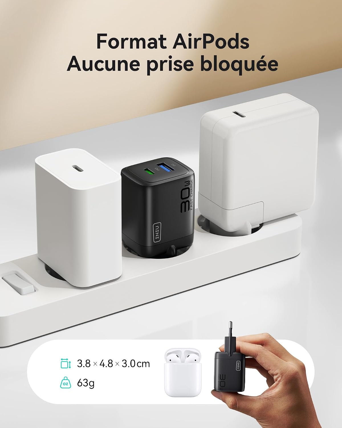 Detalle de INIU Chargeur USB‑C 30W 2 ports GaN avec câble 60W