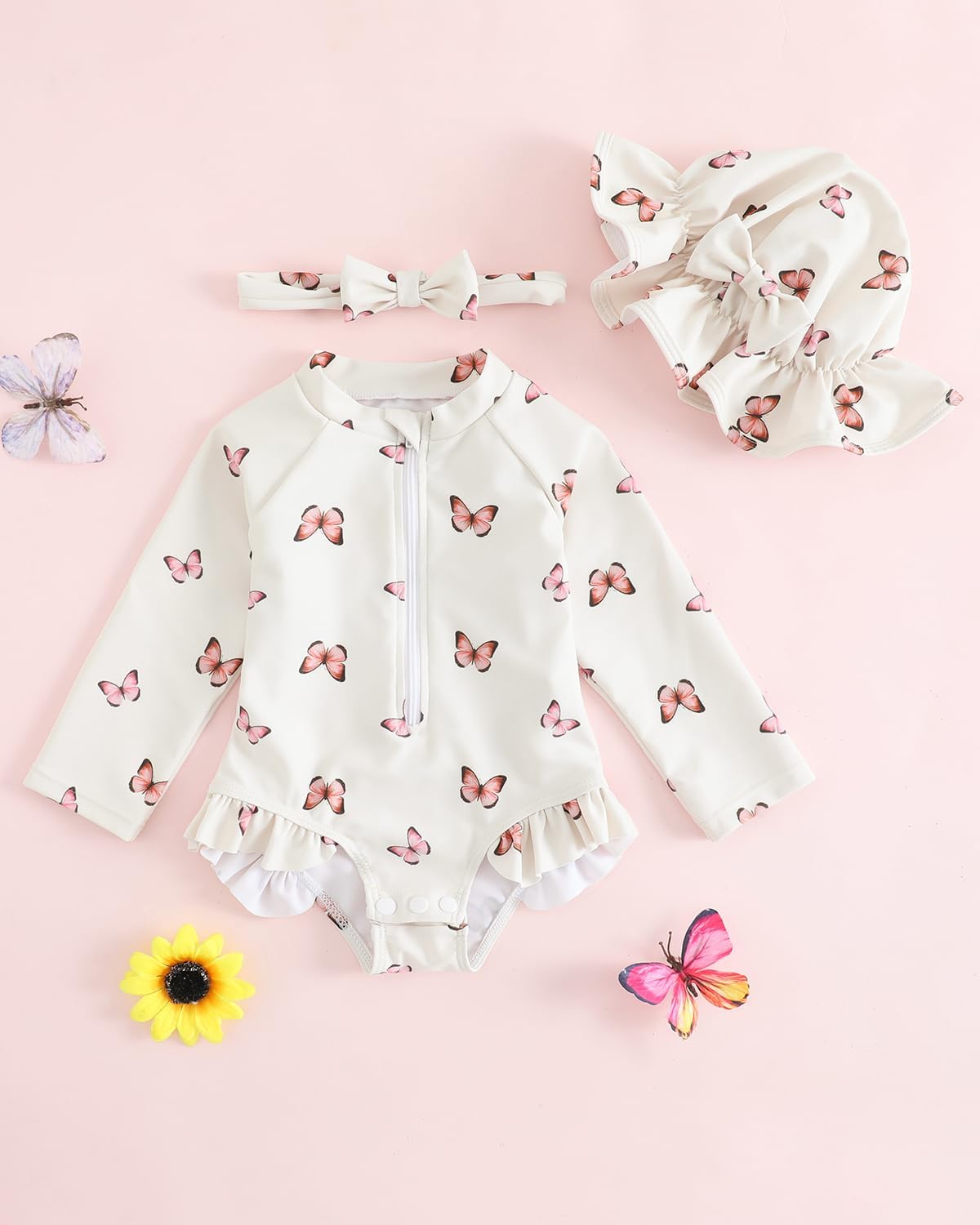 Thumbnail 2 de Baby Swimsuit Girl Newborn 3-Piece Set (0M–3T): Long Sleeve Swimwear with Hat & Headband
