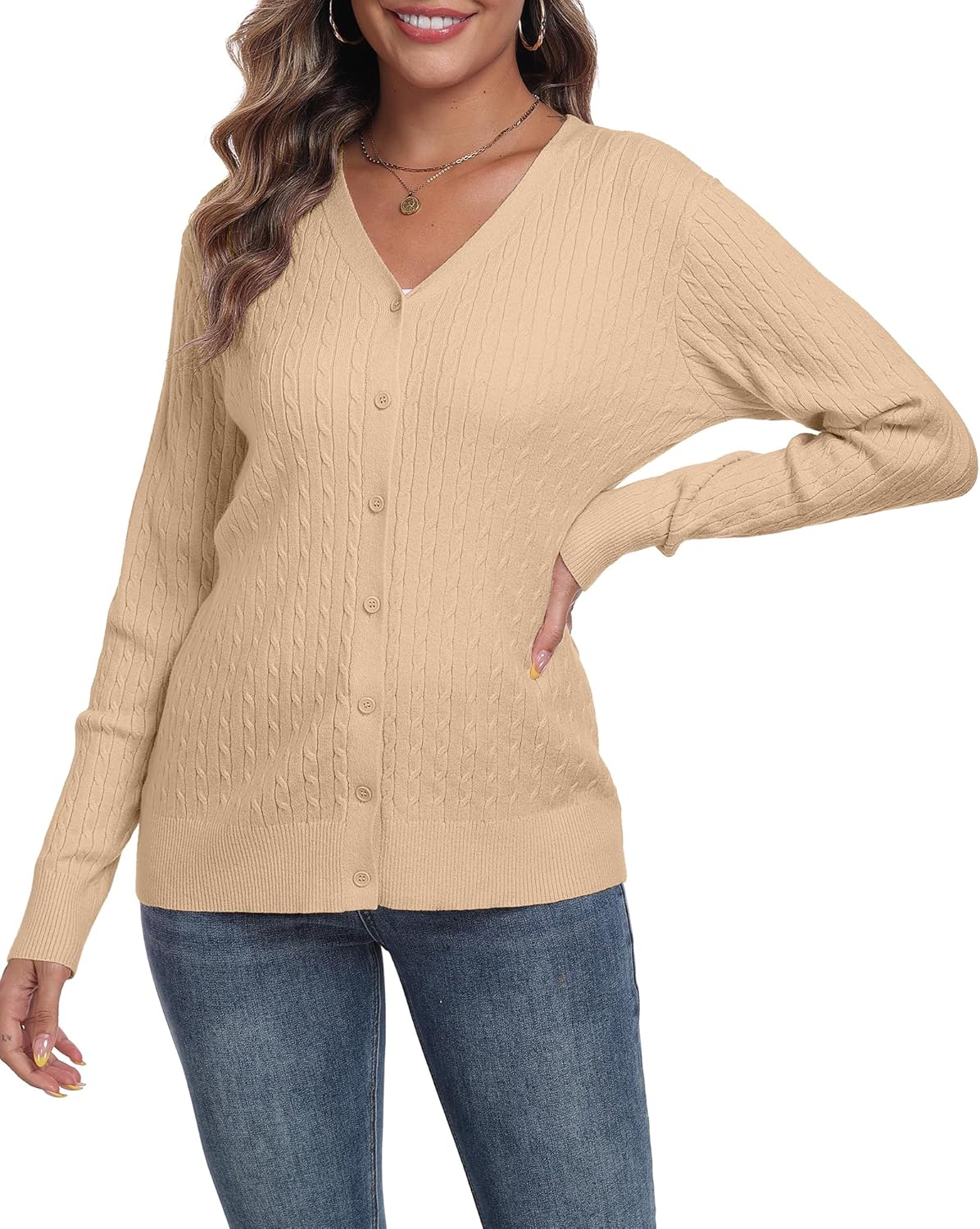 Thumbnail 2 de YUNDAI cable knit v-neck cardigan for women (open front, button down)