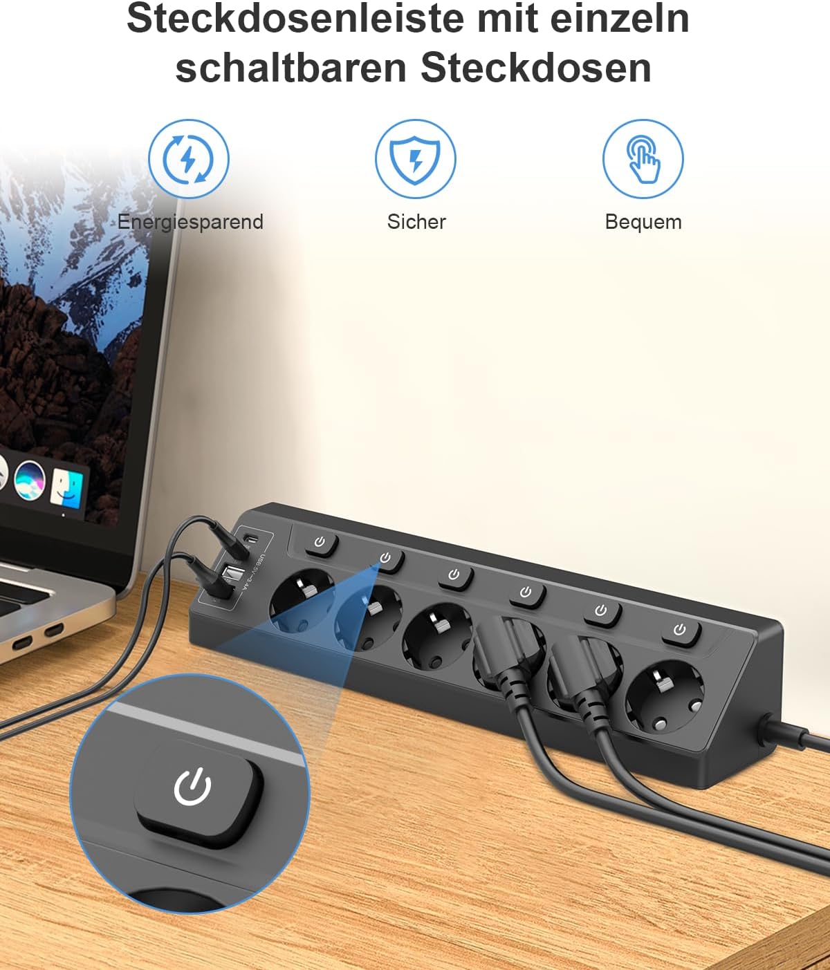 Detalle 2 de Vipwell Ecksteckdosenleiste 3680W mit 4 USB und 6 FĂ€chern đ