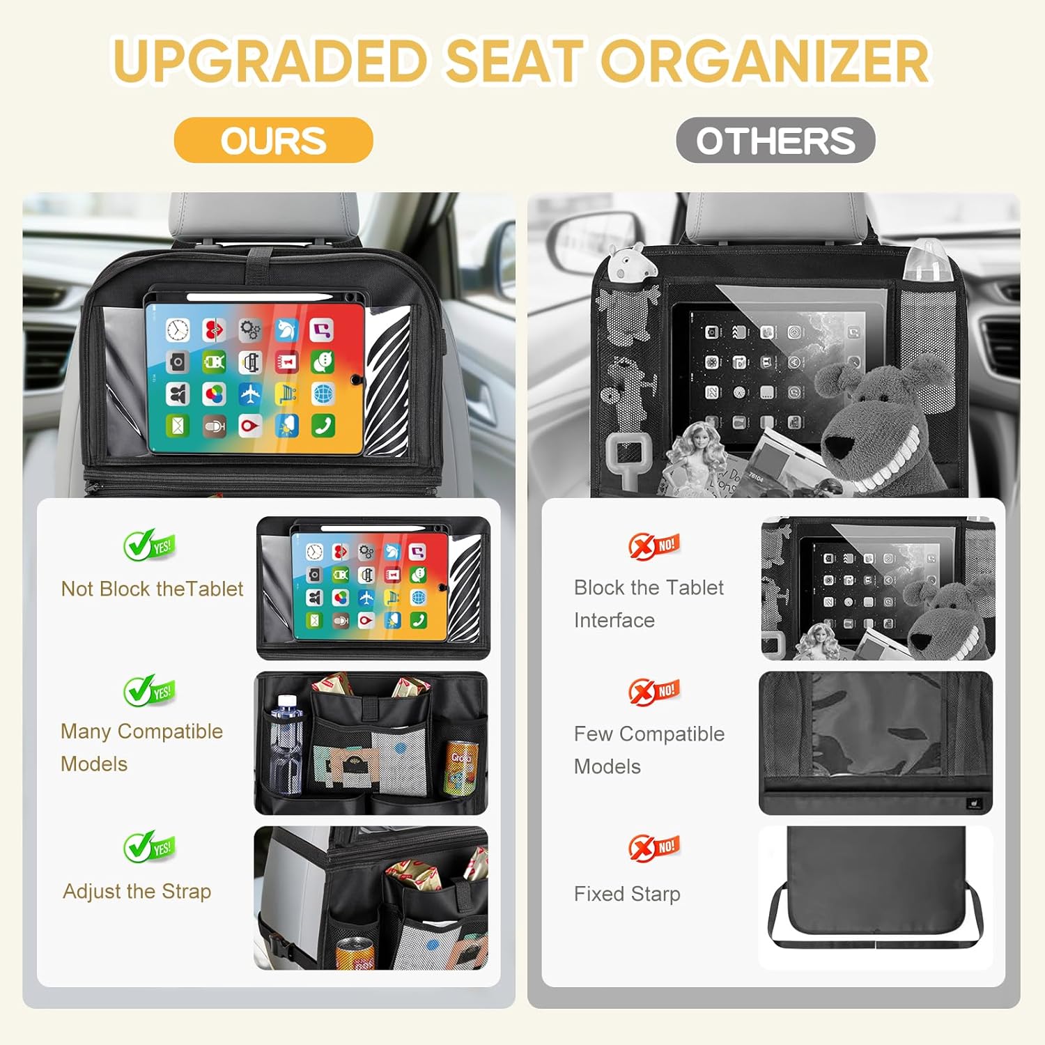 Detalle de Rilime Car Seat Organiser (2-Pack) with Foldable Table Tray and Tablet Holder
