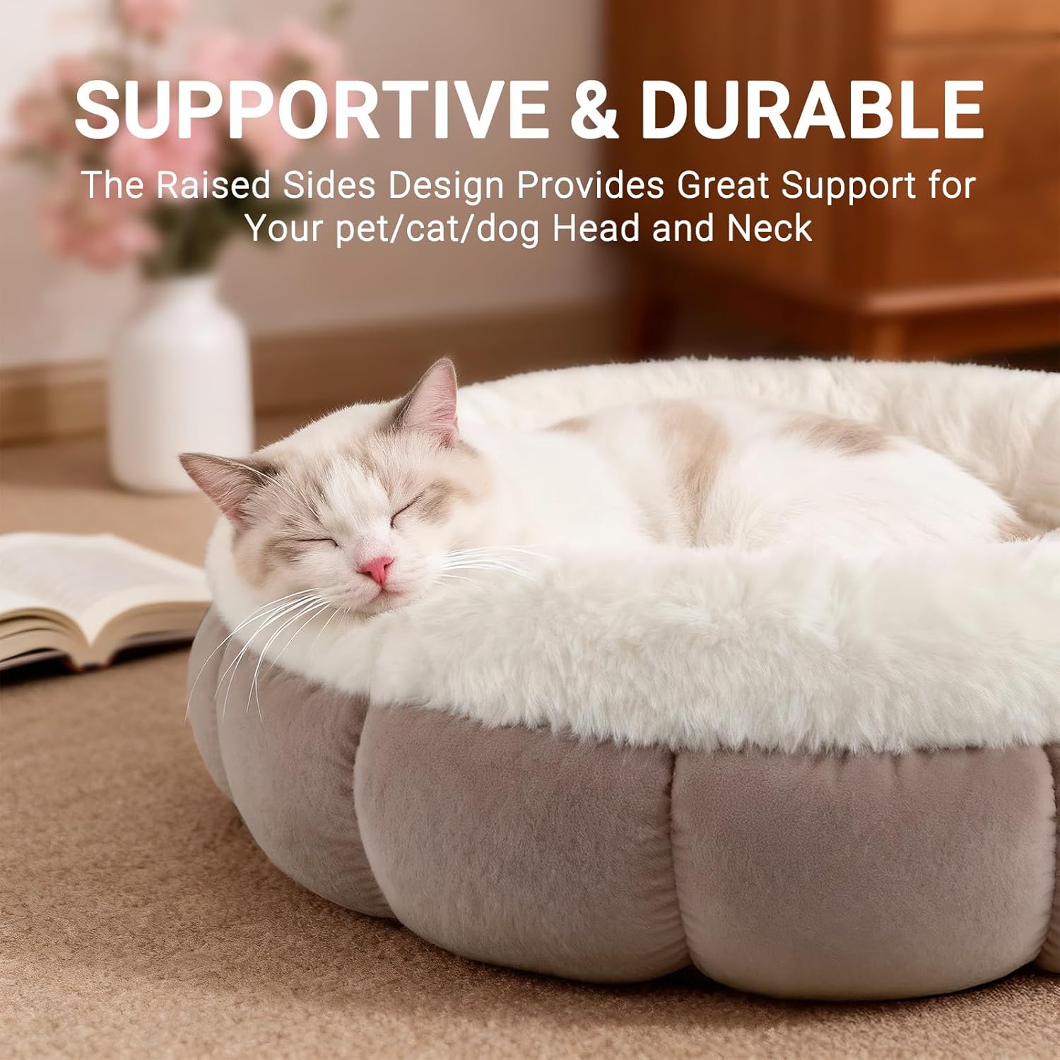 Thumbnail 2 de EDMIENS Small Cat Bed, Round Donut Cushion – 45x45x16.5cm, Brown