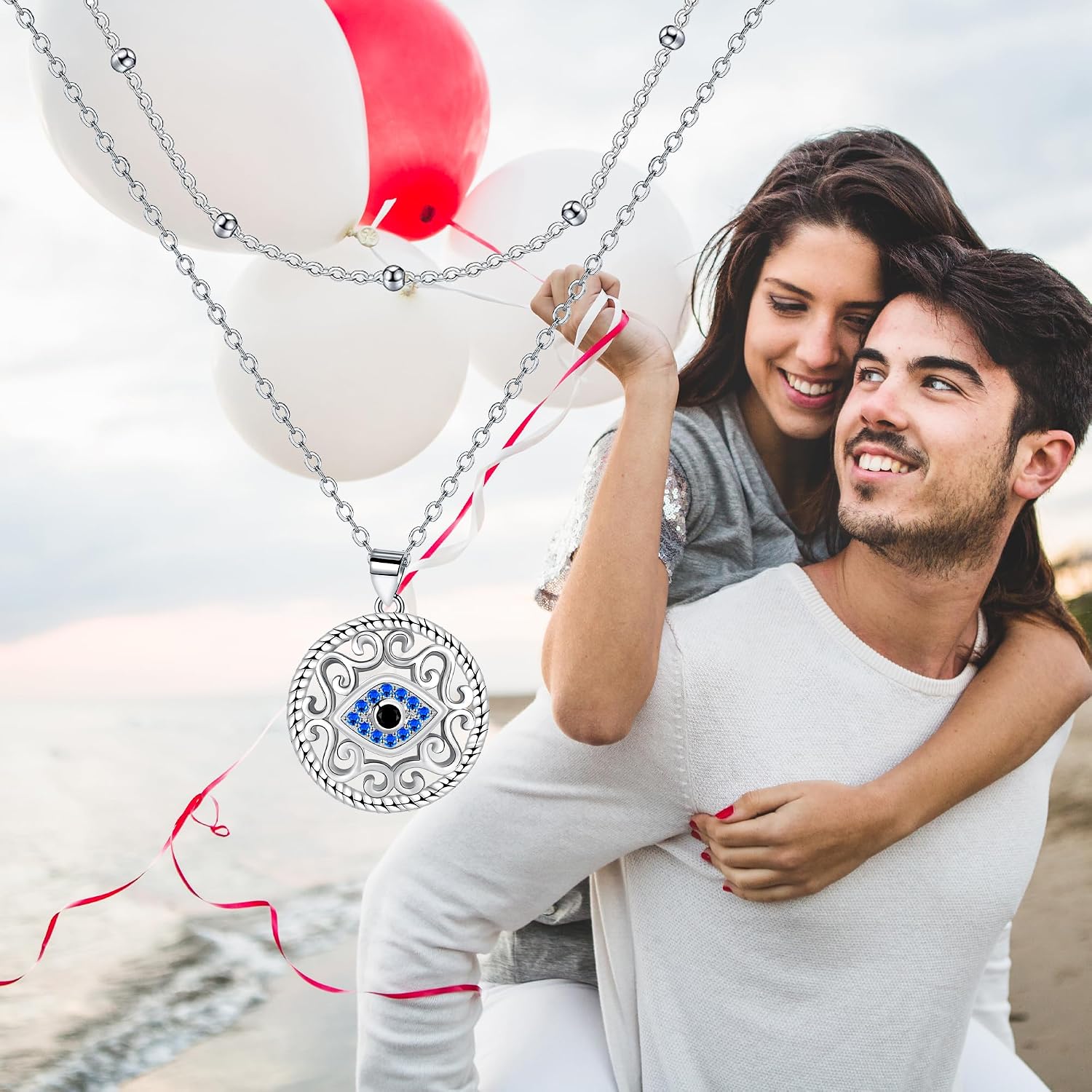 Detalle de J.WUEN Collier pour femme en argent sterling 925 avec pendentif œil en zirconia