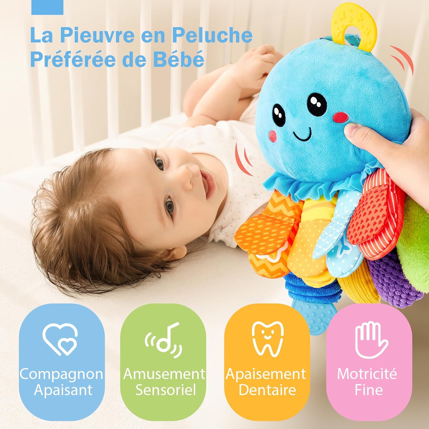 Thumbnail 1 de hahaland Jouet bébé d’éveil 0-3/6 mois : pieuvre sensorielle avec anneau de dentition, miroir et jouets tummy time