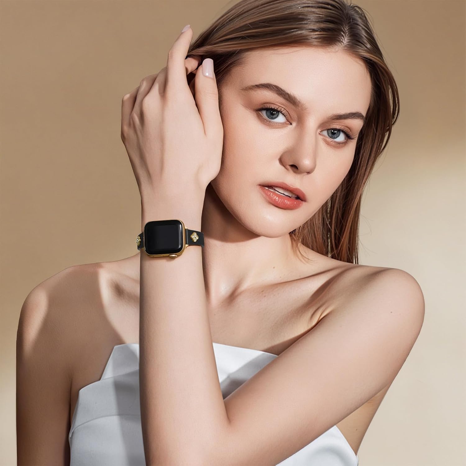 Thumbnail 6 de STIROLL Slim Leather Apple Watch Band with Clover Charms, Black and Rose Gold