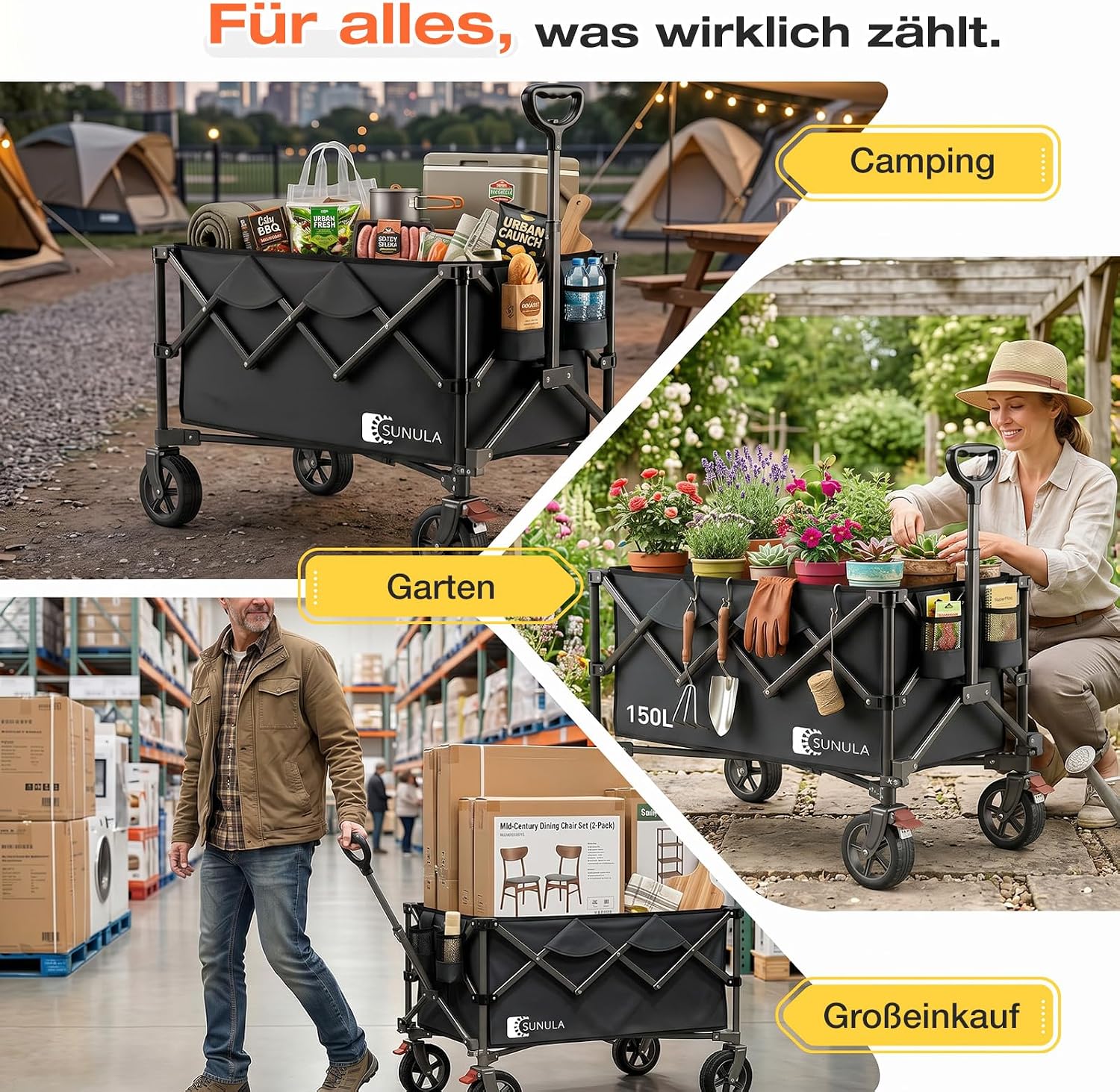 Thumbnail 6 de SUNULA Bollerwagen Faltbar Tragkraft 120KG – Klappbarer Handwagen mit EIN-klick-Handgriff, 4-seitig faltbar, Geländegängige Räder mit Bremsen, 150L, Schwarz