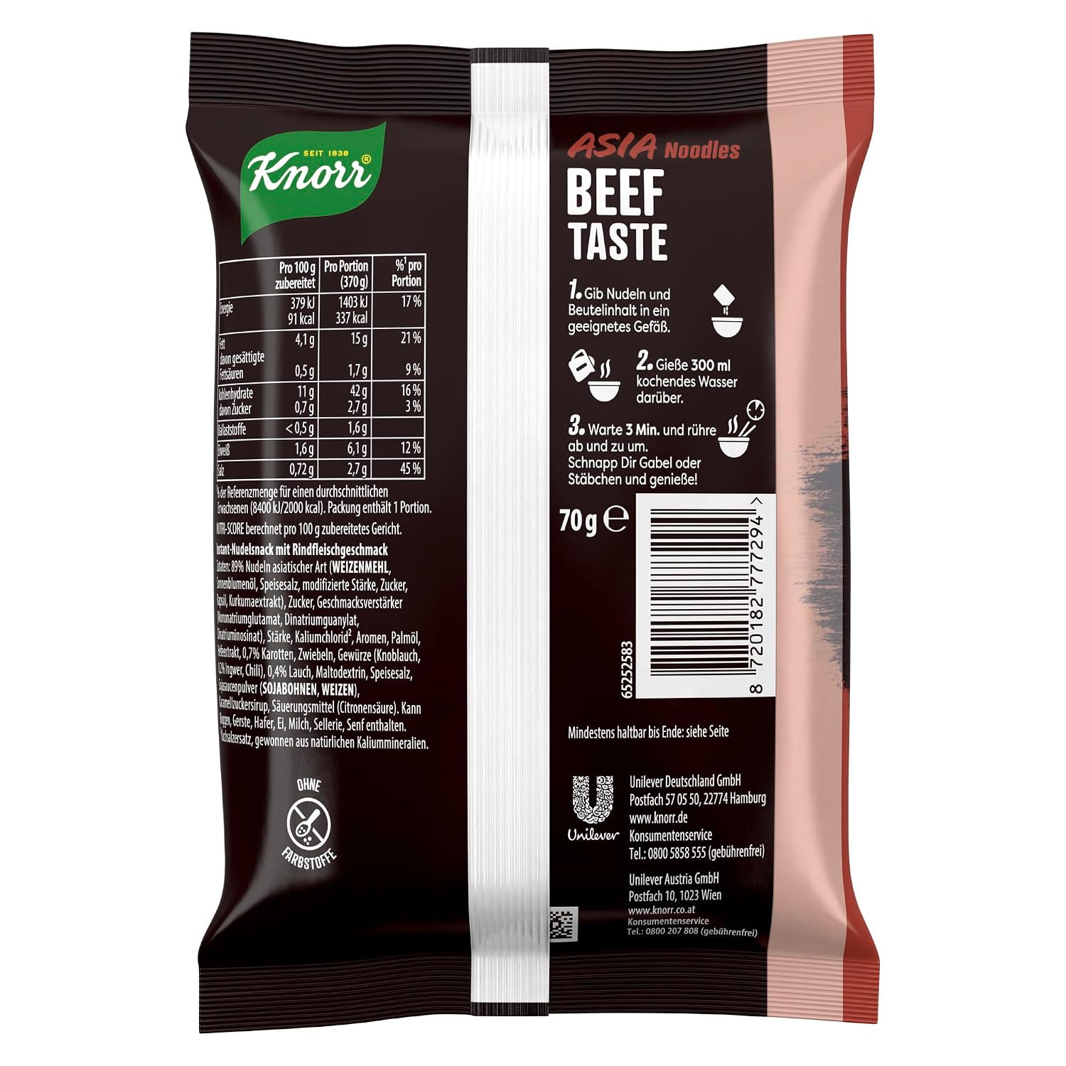 Detalle de Knorr Instant Nudeln Beef Taste – Asiatischer Snack, in 3 Minuten fertig (11x70 g)