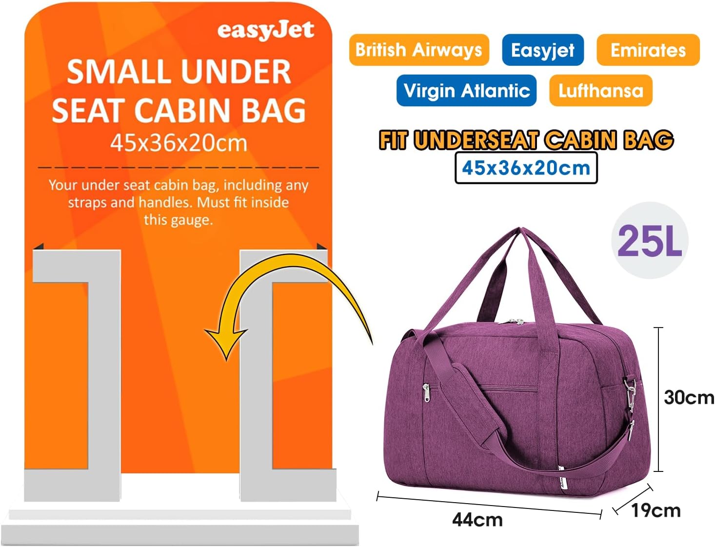 Thumbnail 1 de Narwey Easyjet cabin bag 45 x 36 x 20 cm underseat travel duffel holdall tote with wet pocket (25L) – Dark Purple