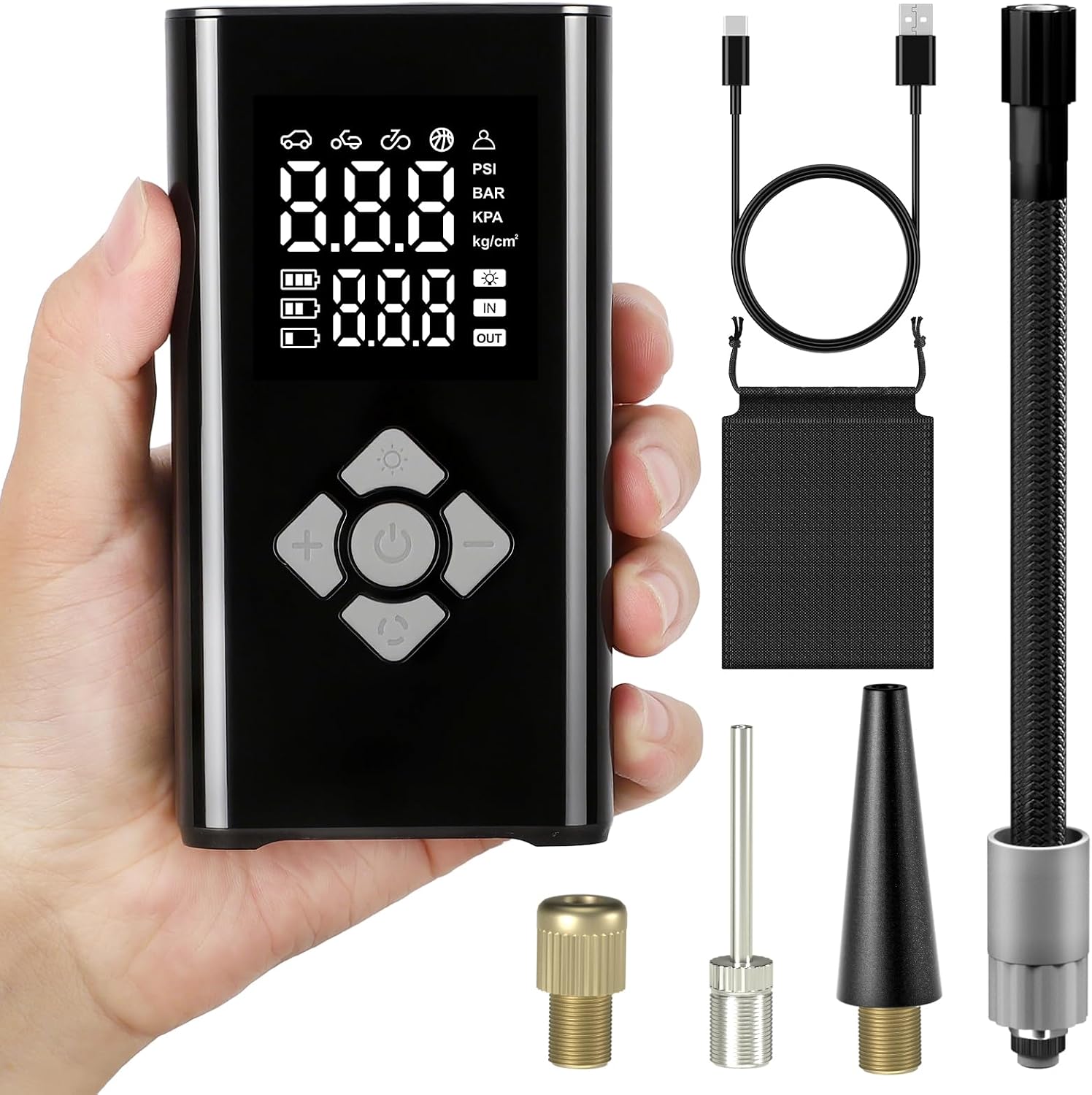 Detalle de TECHCYC Elektrische Luftpumpe Fahrradpumpe 150 PSI – Mini-Kompressor mit Auto-Stopp, LED-Licht & USB-C-Akkupower