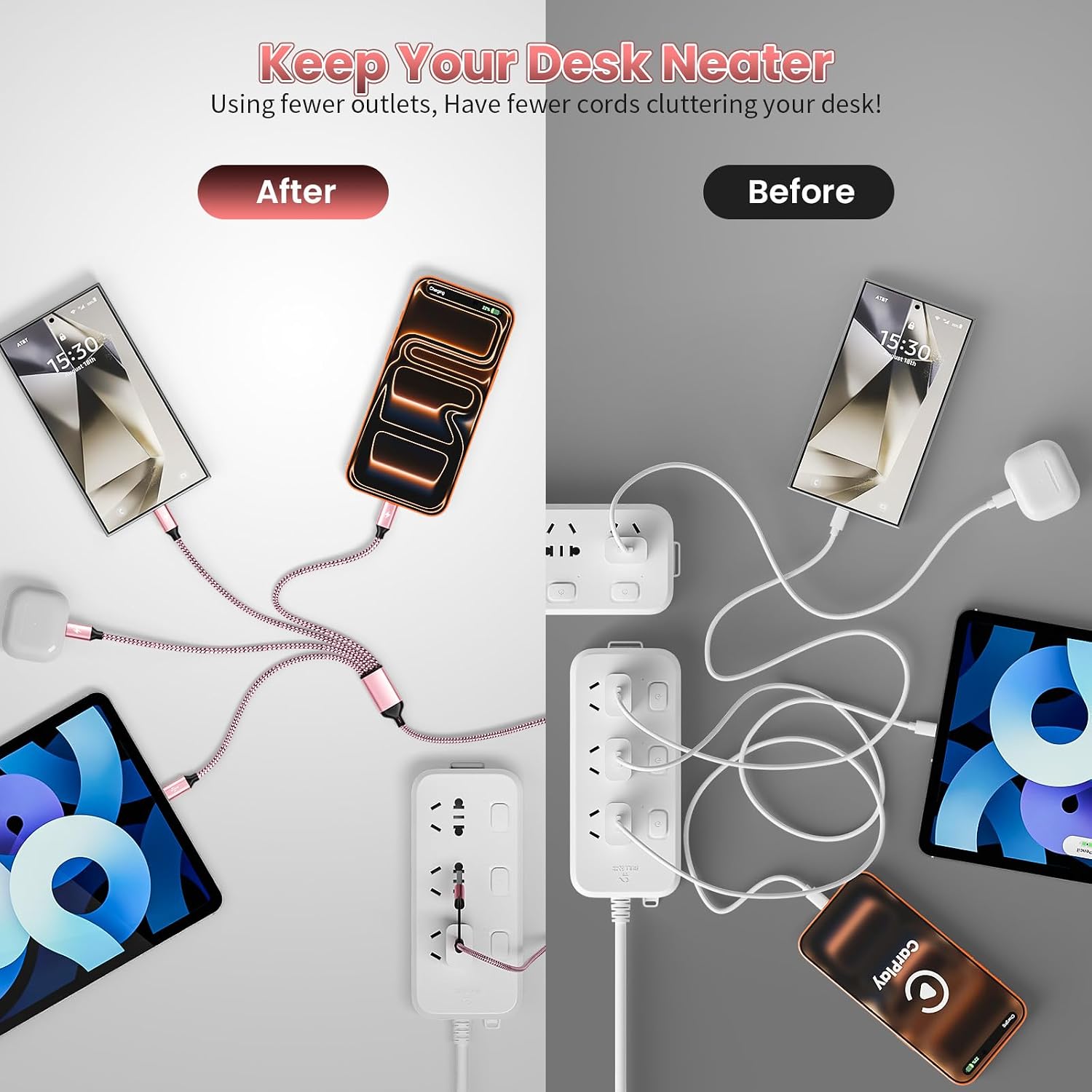 Detalle de Travel & Car USB C Cable: 4 USB-C Ports in One 5ft Multi-Charging Cable
