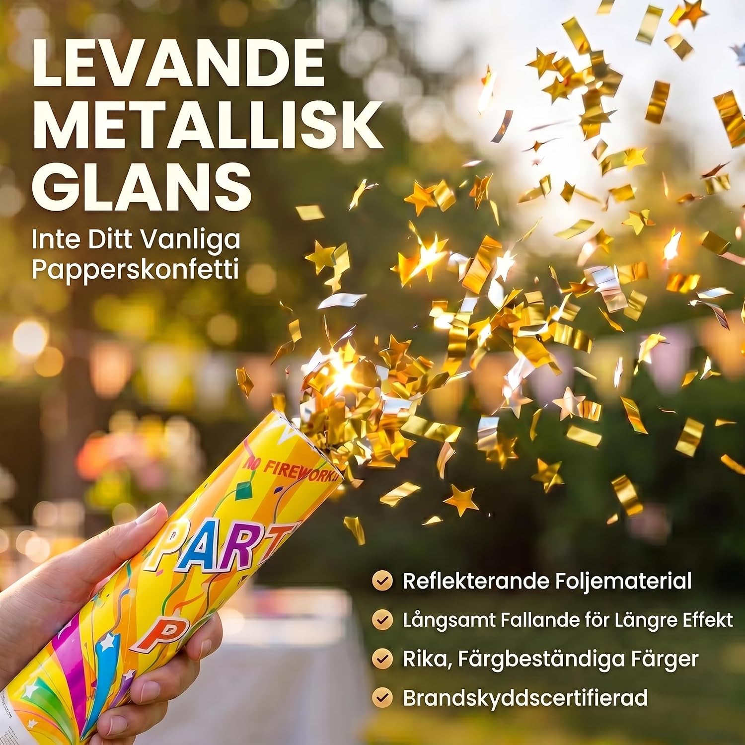 Detalle de GOODS+GADGETS konfettikanoner, 5-pack i guld, 60 cm med metallisk konfetti