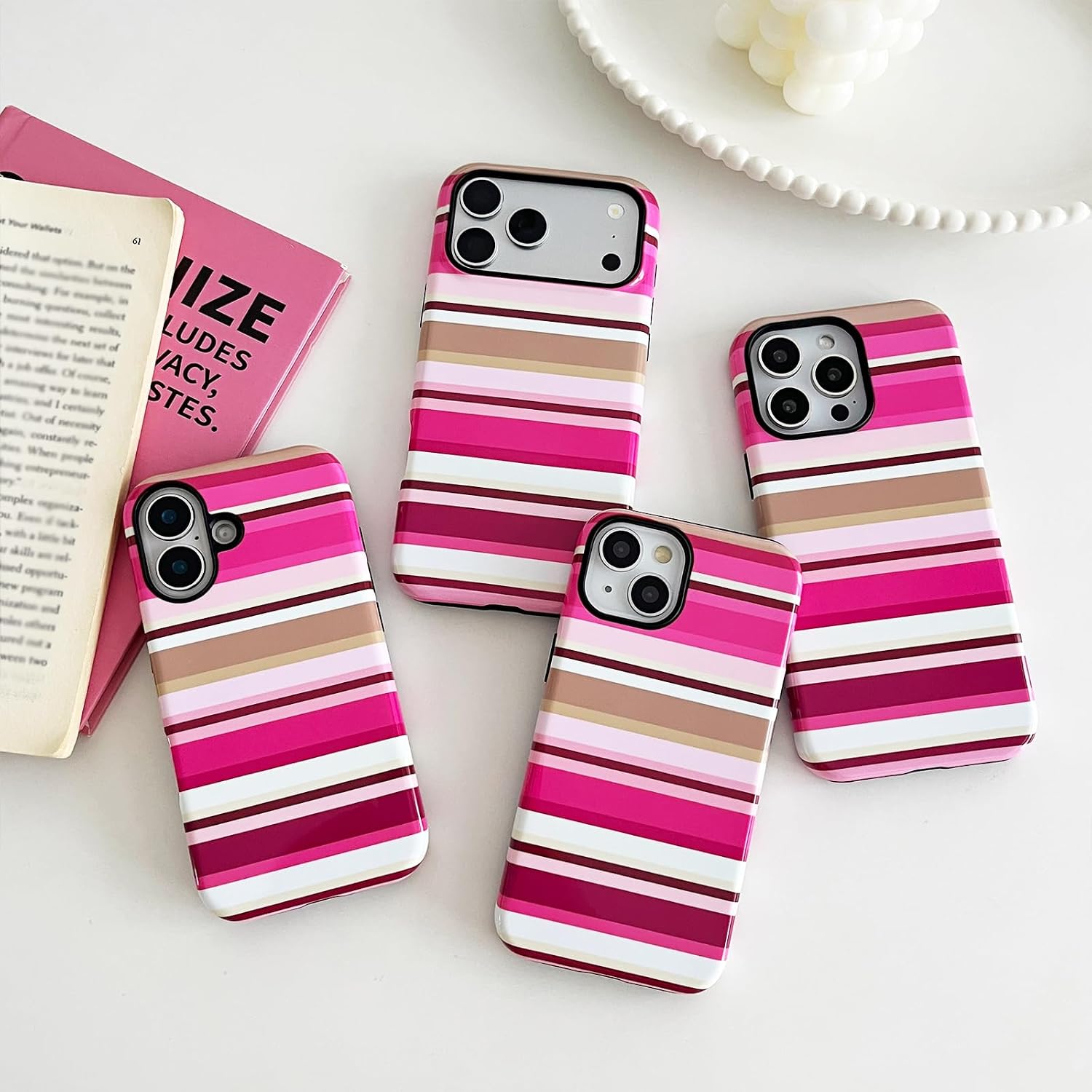 Detalle 1 de Sayoaho iPhone 16 Pro Case, Pink Striped Retro Design, TPU Edge and PC Back
