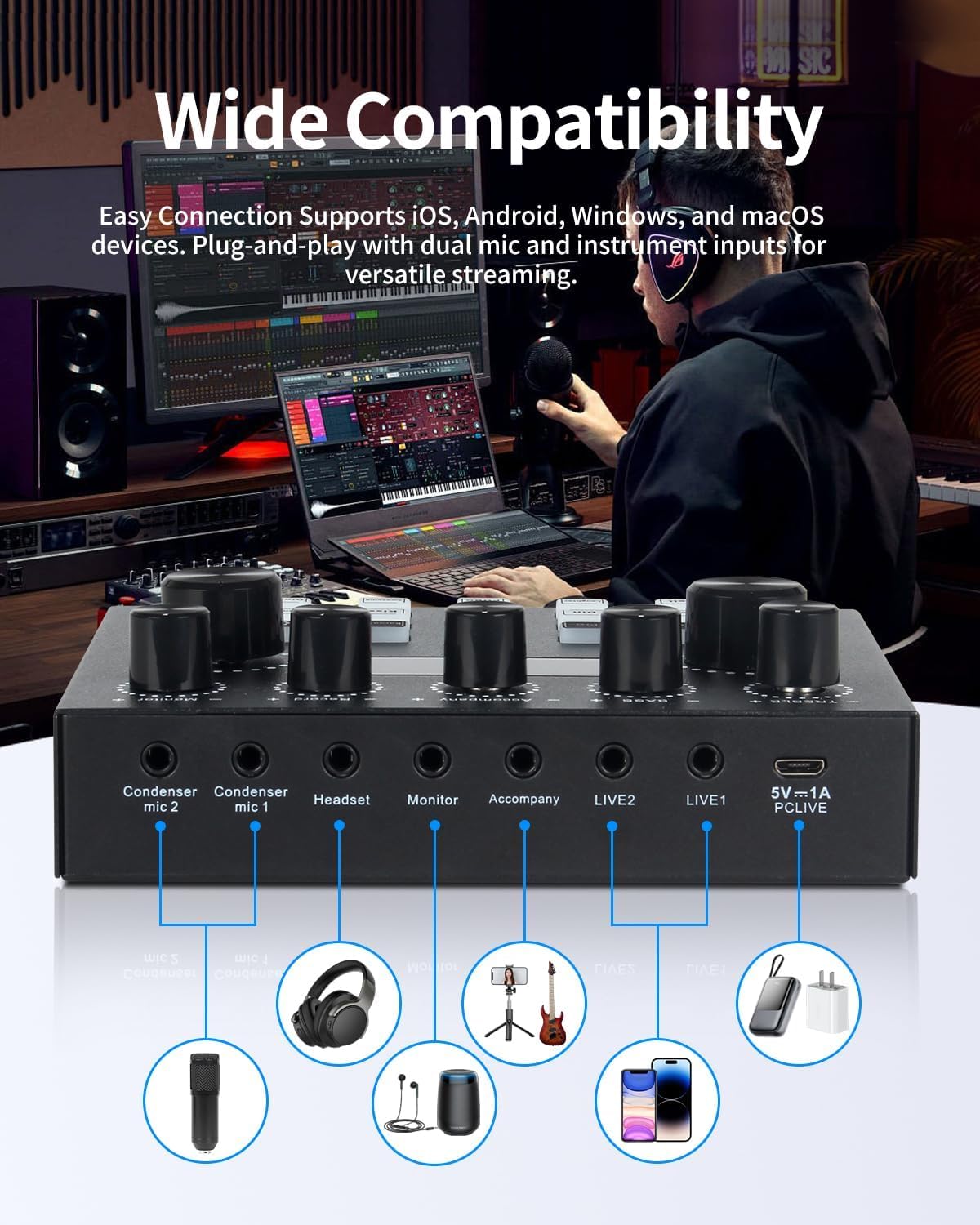 Detalle de J.I.Y mic A+ Podcast Recording Kit with Bluetooth Sound Card and DSP Effects