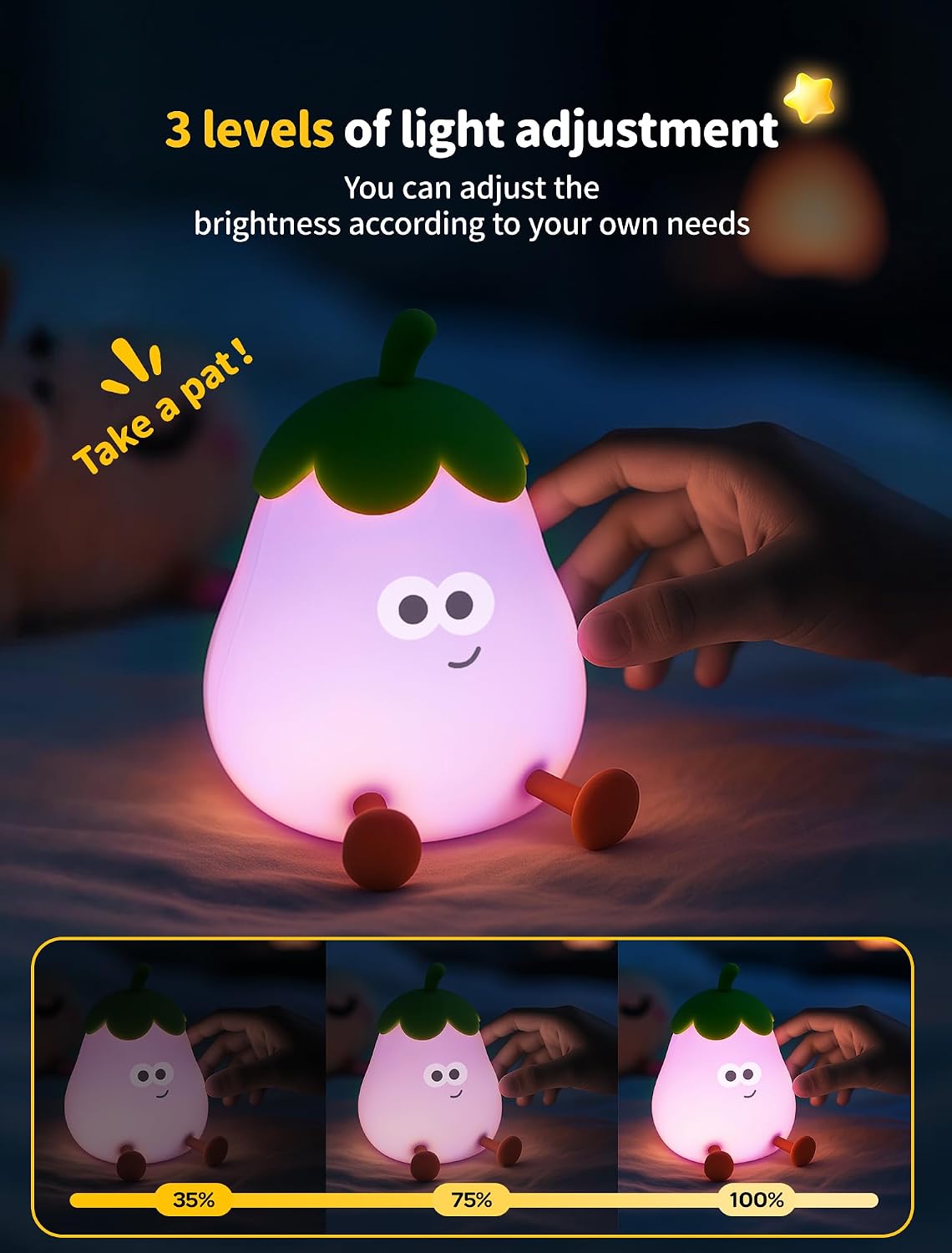 Detalle 2 de Tarinks Eggplant Night Light, Rechargeable Silicone LED Lamp with 7 Colors