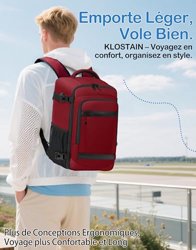 Detalle de KLOSTAIN Sac à Dos Voyage Cabine Avion 45x36x20 cm – 30 L, 14'' PC, Rouge