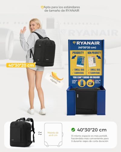 Detalle 2 de Lekespring Mochila 40x30x20 (24L) con compartimento húmedo y 6 bolsas organizadoras — Negro