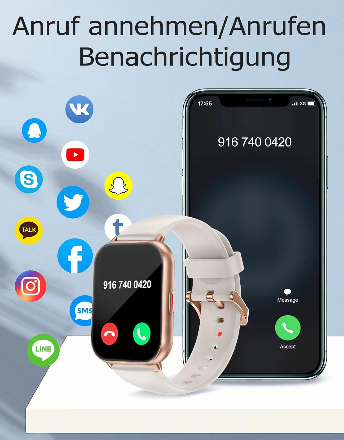 Detalle 2 de RUIMEN Smartwatch mit Telefonfunktion – SpO2, Schlafmonitor, 256 MB