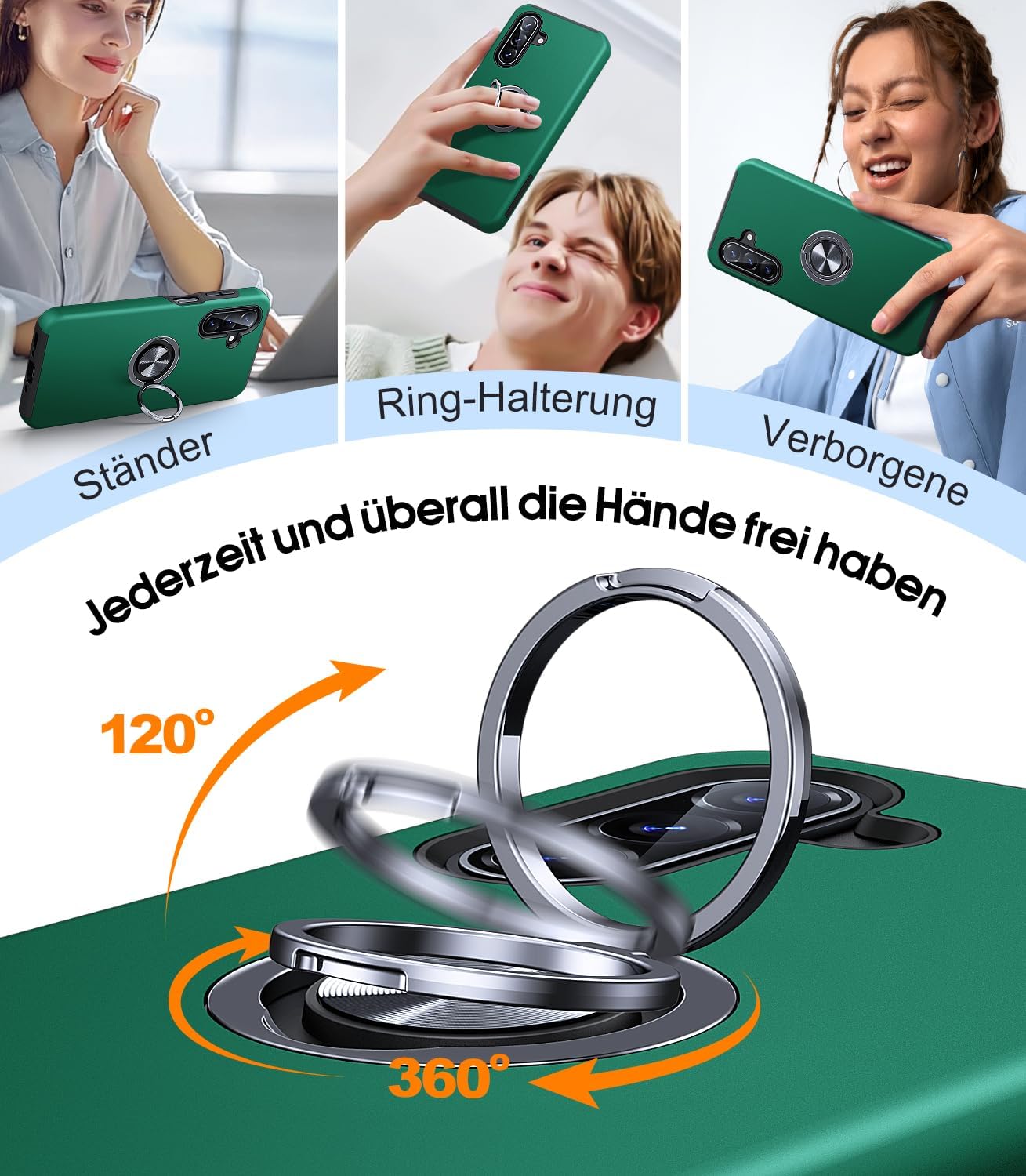 Detalle de AOUIA Schutzhülle für Samsung Galaxy A17 5G mit 2x Panzerfolie, 360° Ring-Ständer & Militärschutz – Grün