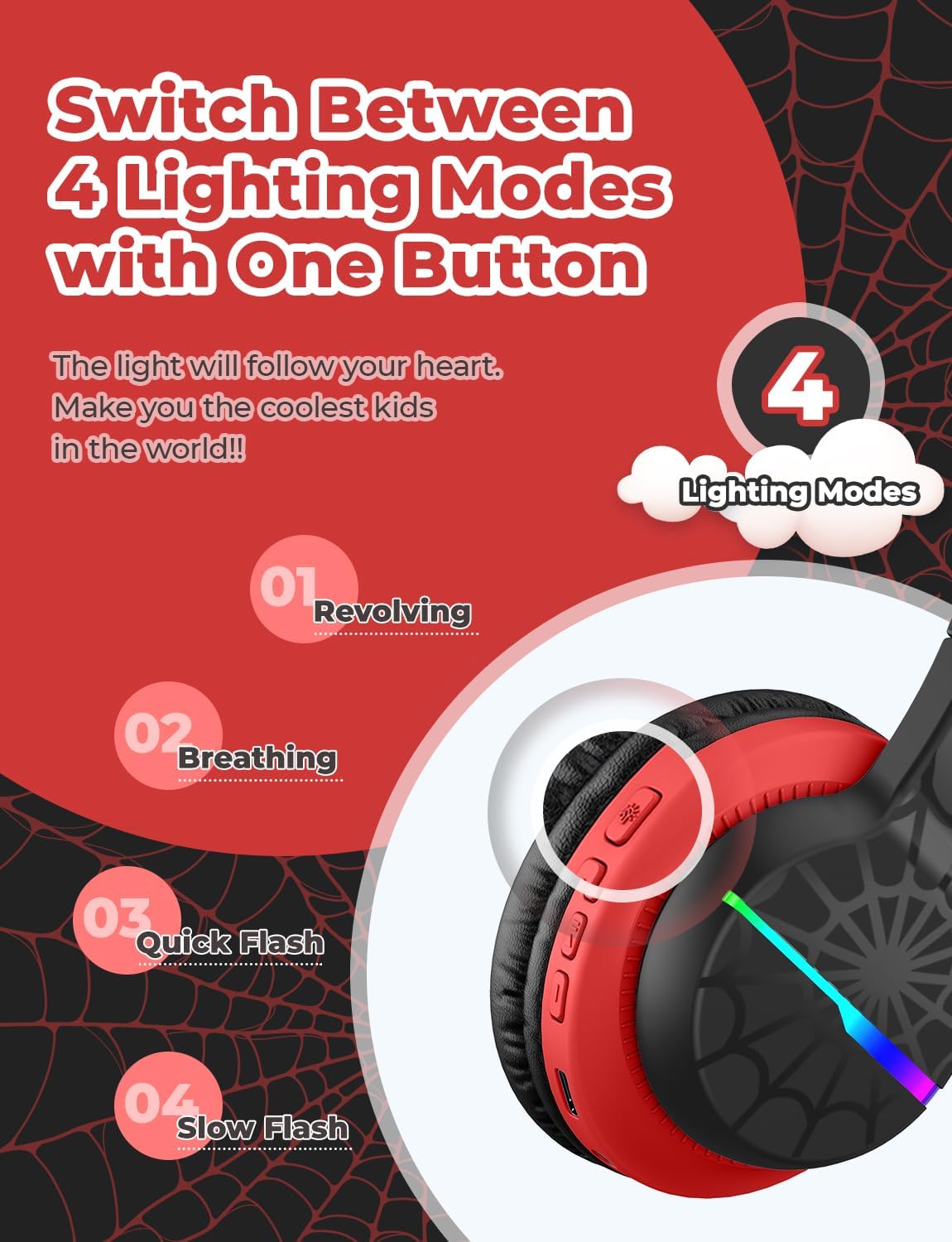 Detalle 2 de iClever BTH12 Kids Bluetooth Headphones with LED Lights and 85-Hour Playtime