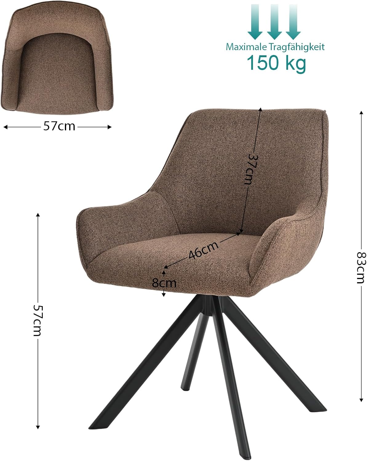 Thumbnail 2 de Goeurvant Esszimmerstühle Drehbar 6er-Set mit Armlehne – Leinen-Polsterstuhl, braun, Metallgestell