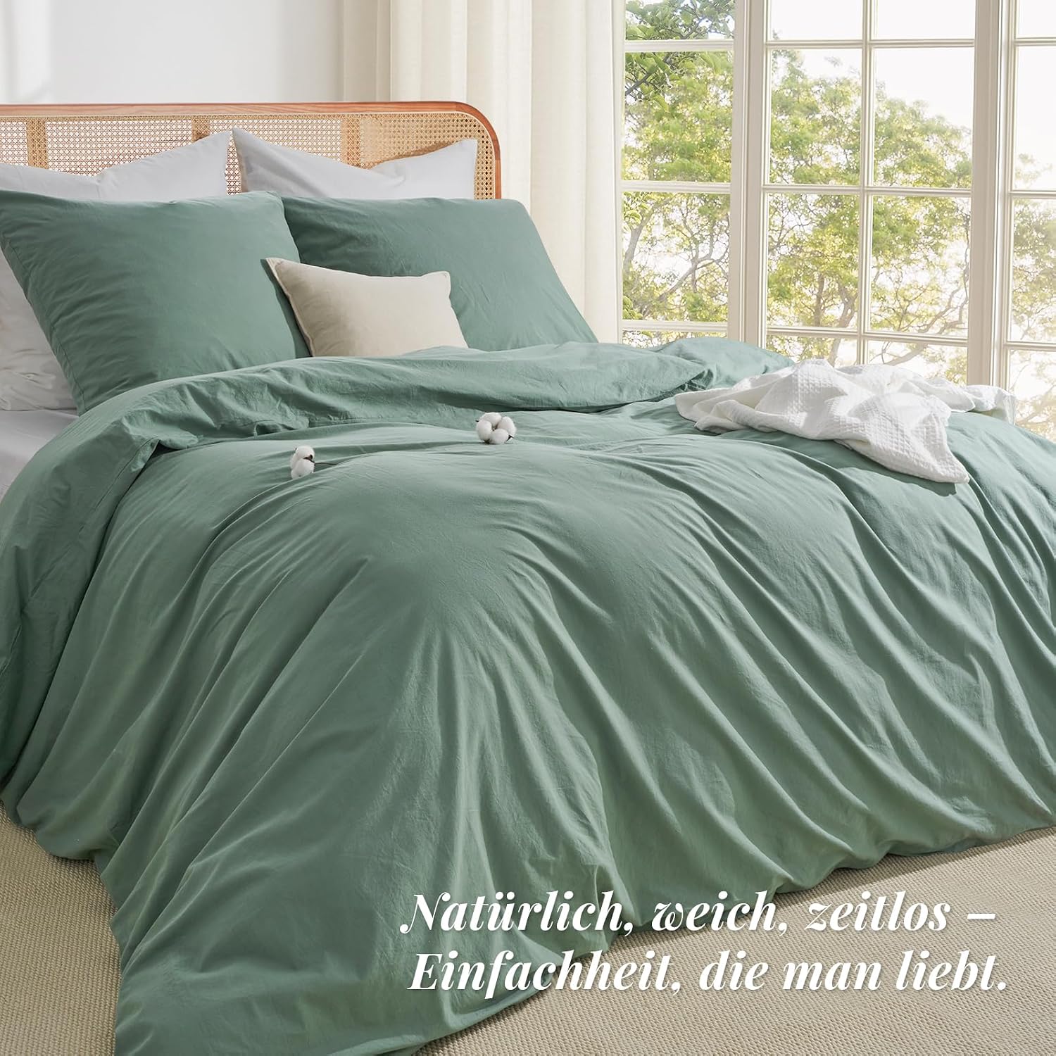 Detalle de Duvetnova Bettwäsche 135x200 aus vorgewaschener Baumwolle, Salbeigrün (mit Reißverschluss) – 1 Bettbezug + 1 Kissenbezug