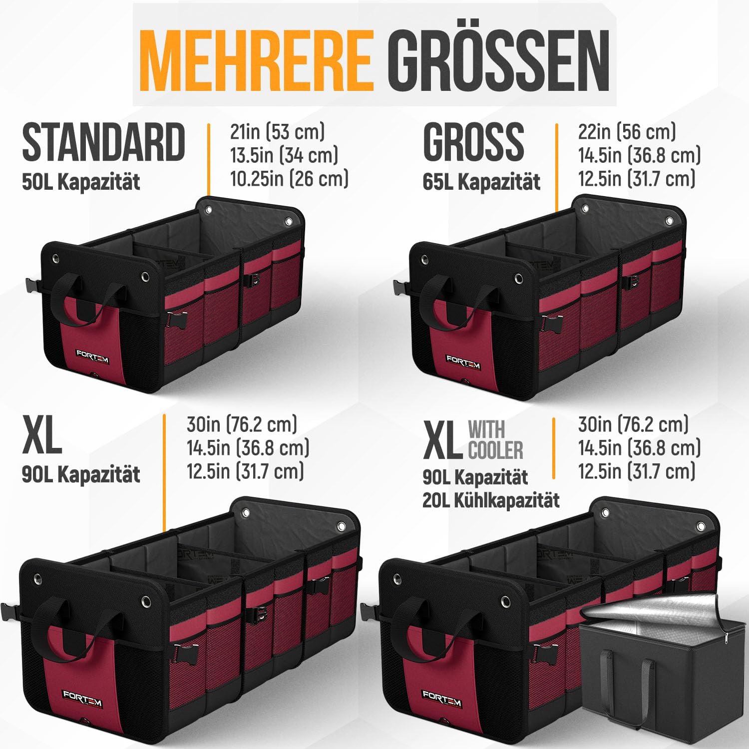 Detalle 2 de FORTEM Kofferraum Organizer (rot, groß) – zusammenklappbare Kofferraumtasche mit Fächern