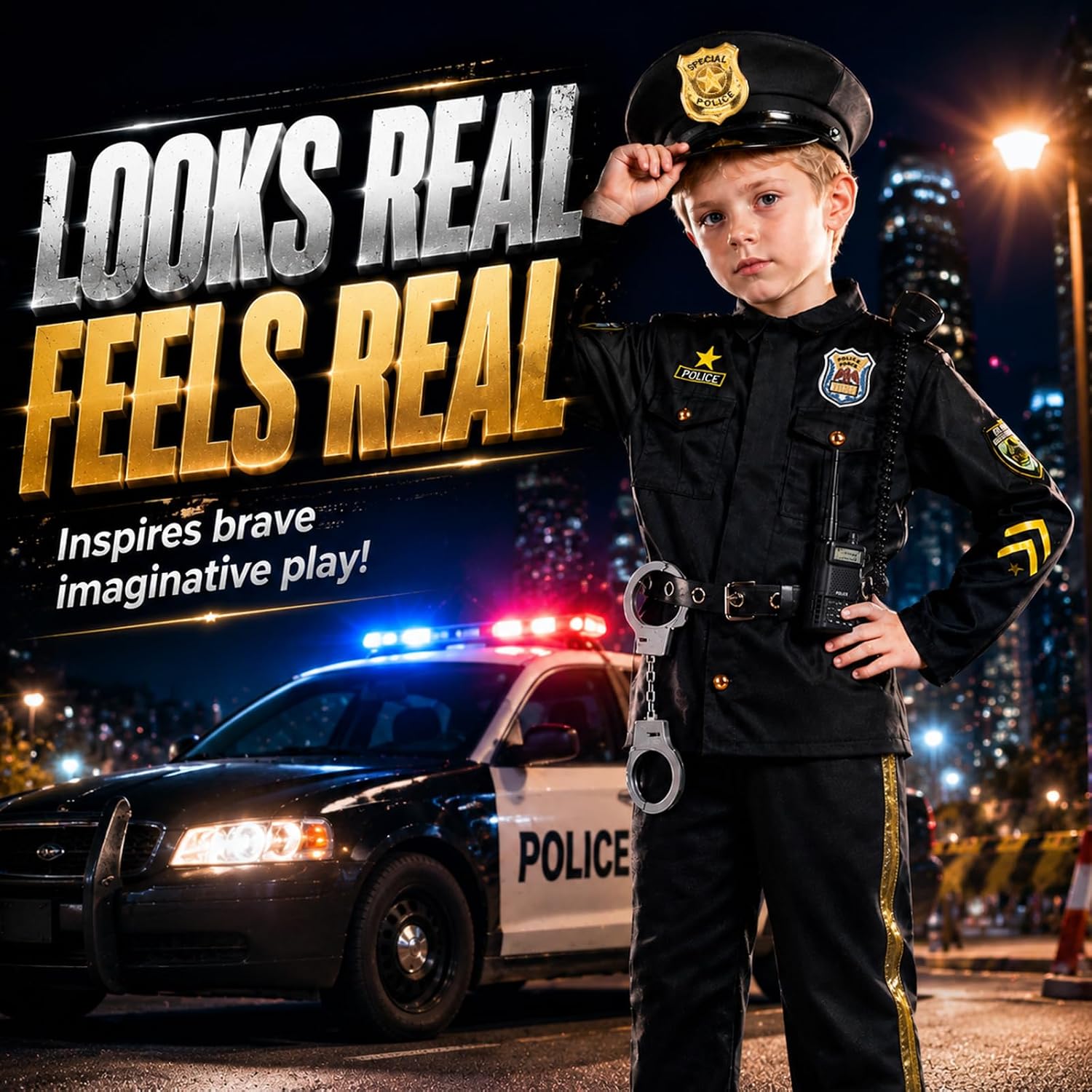 Thumbnail 1 de Joycover Kids' Police Officer Costume, Size S (4–5Y), Black Uniform and Accessories
