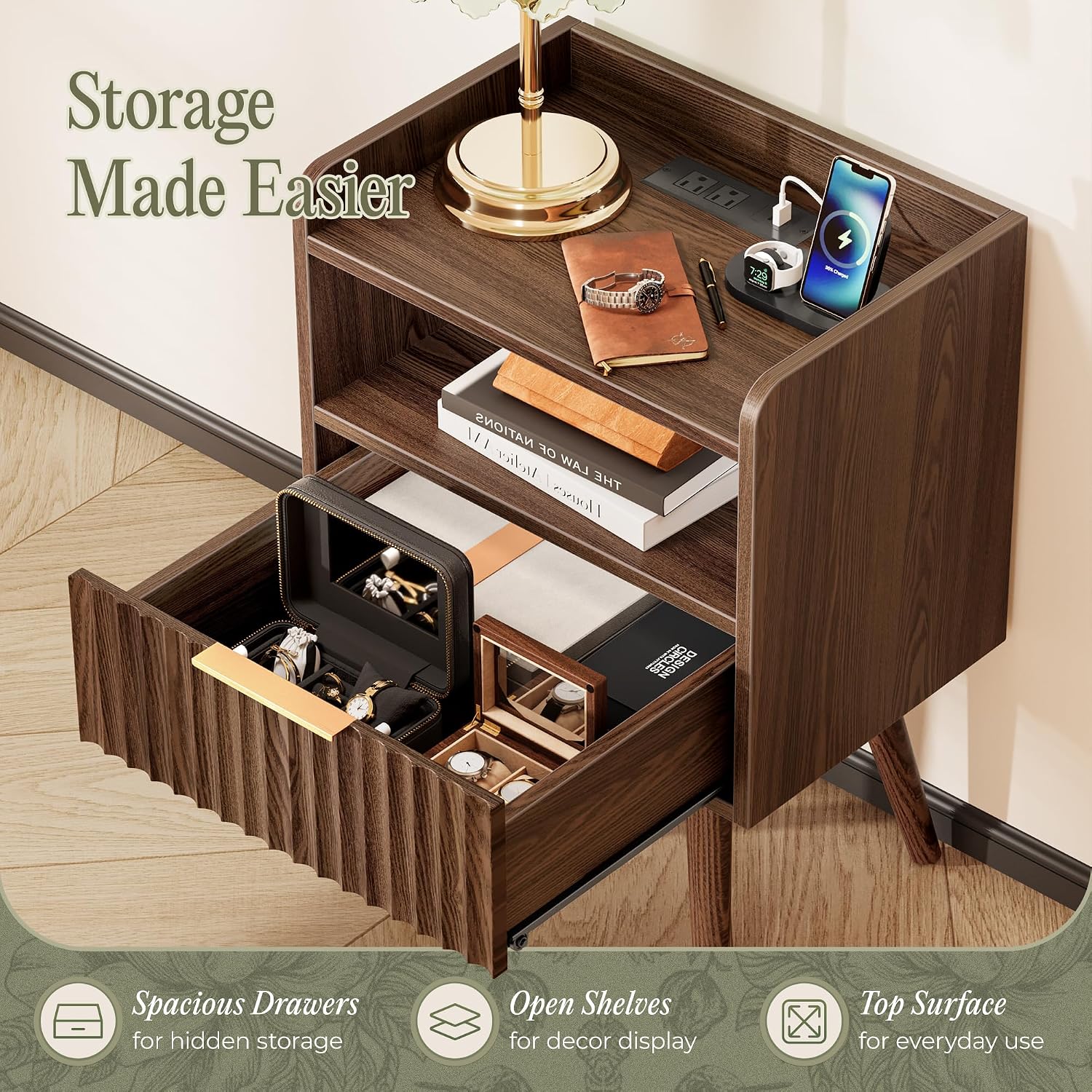 Thumbnail 6 de Huuger Set of 2 Nightstands with Charging Station, USB-C, Walnut Fluted Drawer