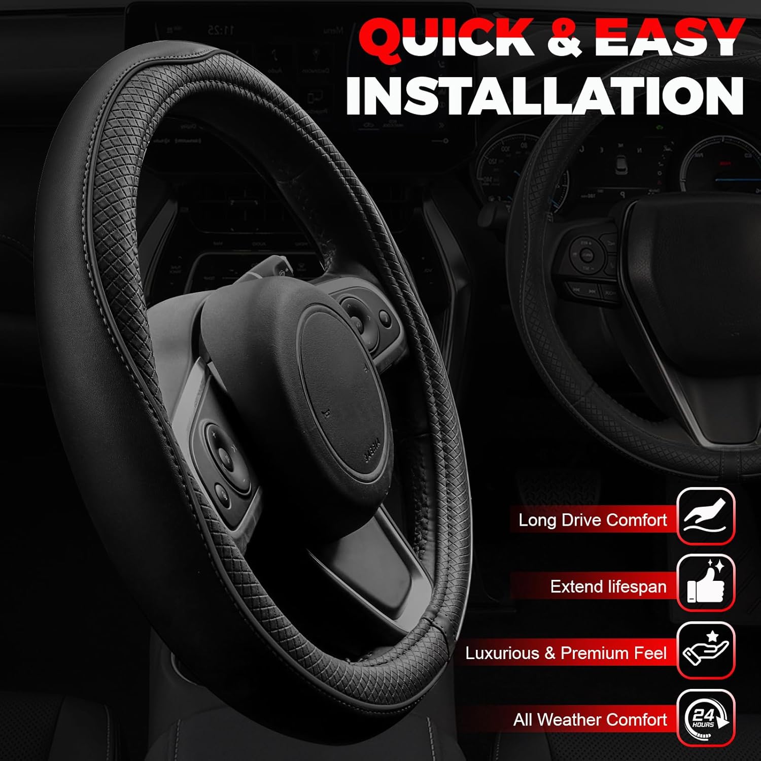 Detalle de Ouzorp Car Steering Wheel Cover (Universal 14.5–15 in) in Black Microfiber Leather