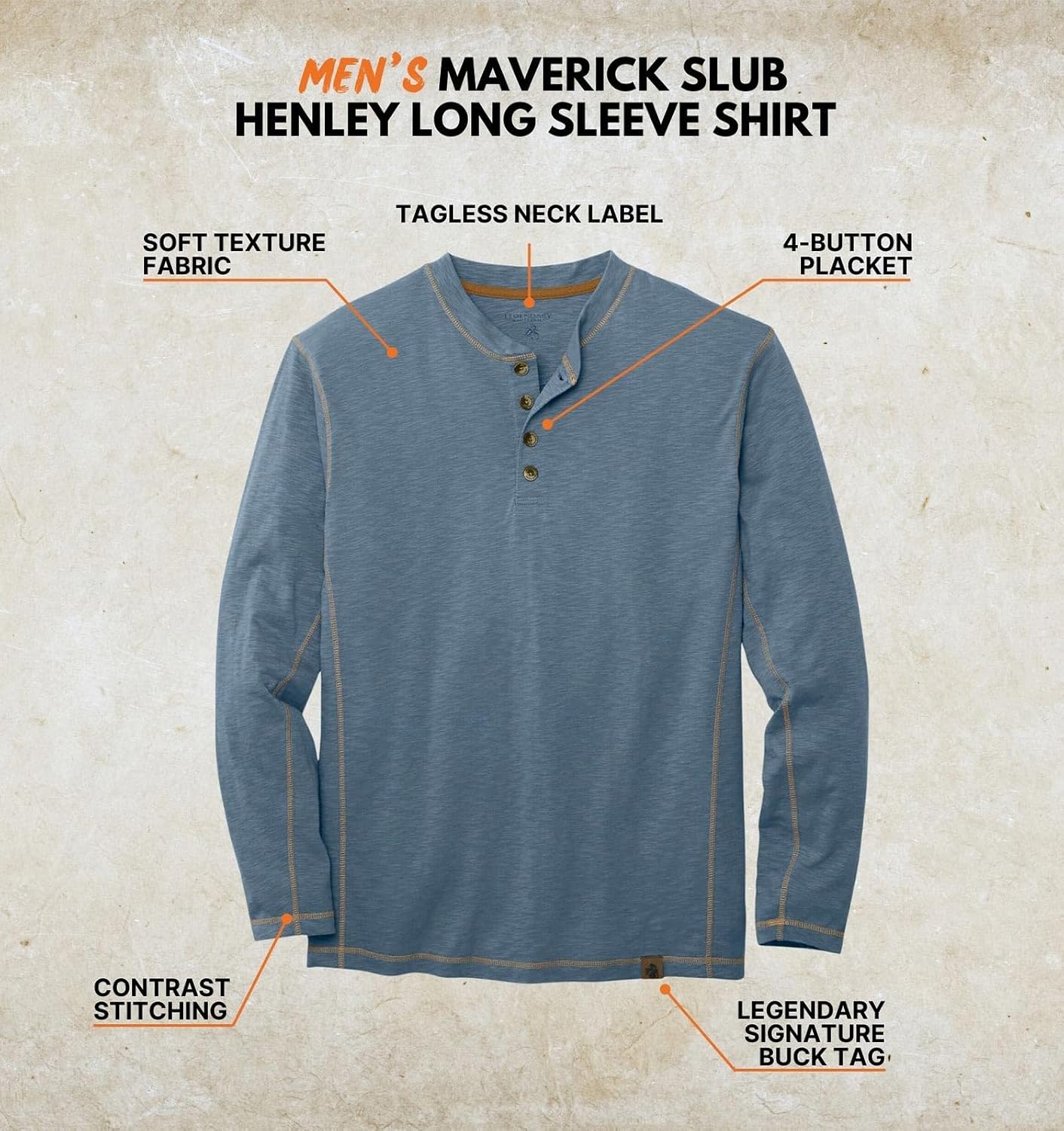 Detalle de Legendary Whitetails Maverick Slub – męska koszulka henley z długim rękawem