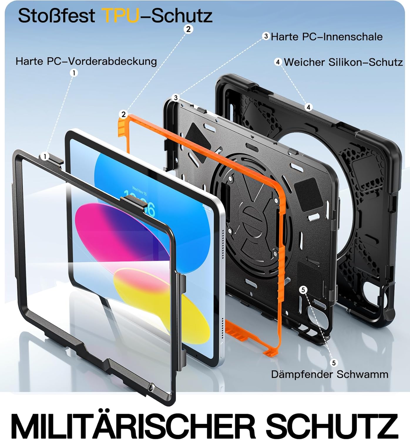 Thumbnail 5 de BRAECN Hülle für iPad (A16) 11/10 Generation – 11/10,9 Zoll, 360° Drehbarkeit, Stifthalter, Ständer & Schultergurt