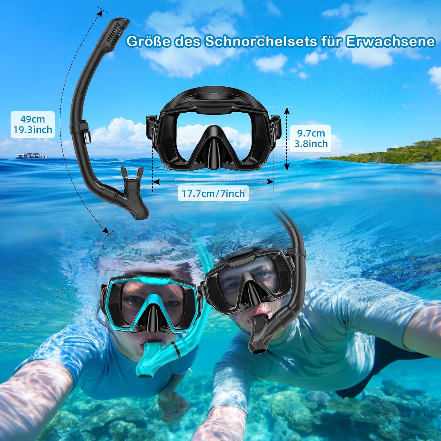 Thumbnail 1 de Snorkel Set Adults with Anti-Leak, Anti-Fog Panoramic Mask and Dry Top Snorkel