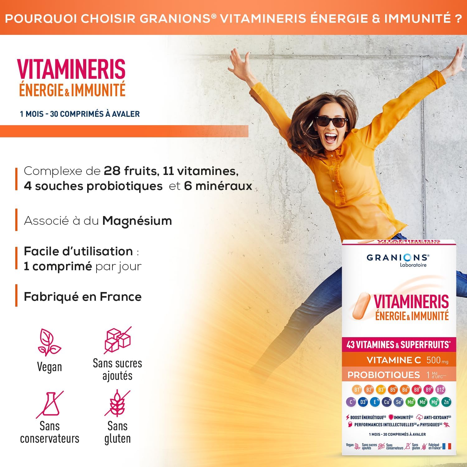 Thumbnail 1 de GRANIONS – Vitamineris Energie & Immunité: Vitamine C 500 mg + Vitamine D + Zinc + B12 – Adultes – 30 comprimés