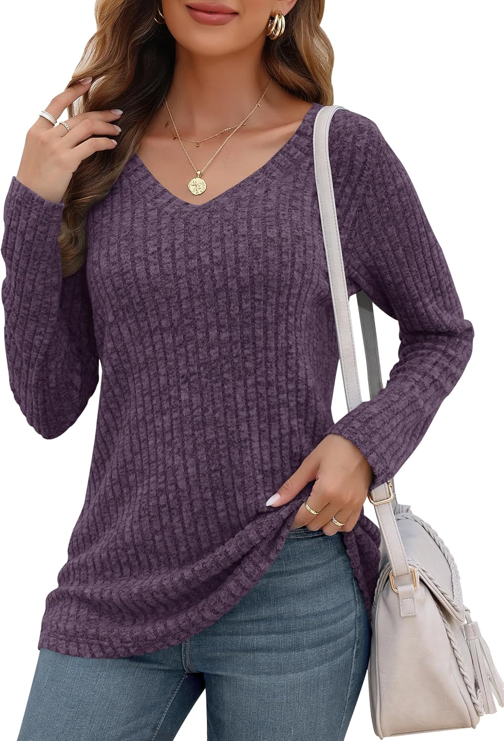 Detalle de WNEEDU Women's Lightweight V-Neck Tunic Sweater, Long Sleeve, Loose Fit