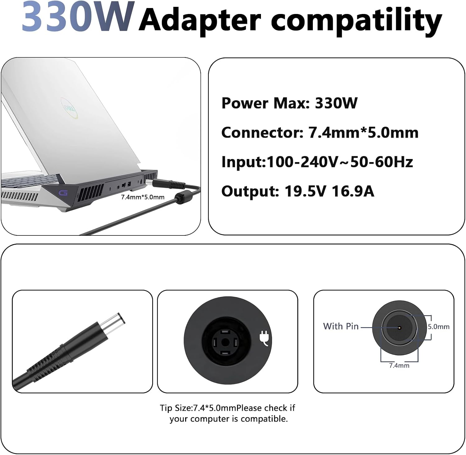Detalle 2 de MAXPOR Replacement 330W Laptop Charger (19.5V, 7.4mm barrel) for Dell/Alienware gaming models