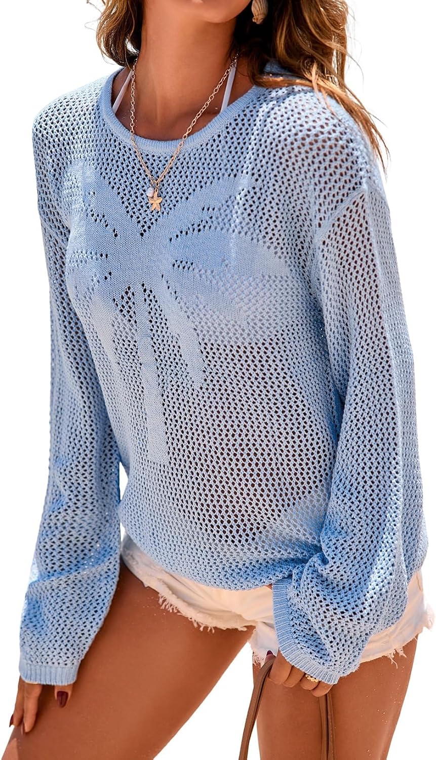 Detalle de Dokotoo Womens Fashion 2026 Summer Crochet Hollow Out Long Sleeve Sweaters Casual Crewneck Pullover Shirt Beach Coverup
