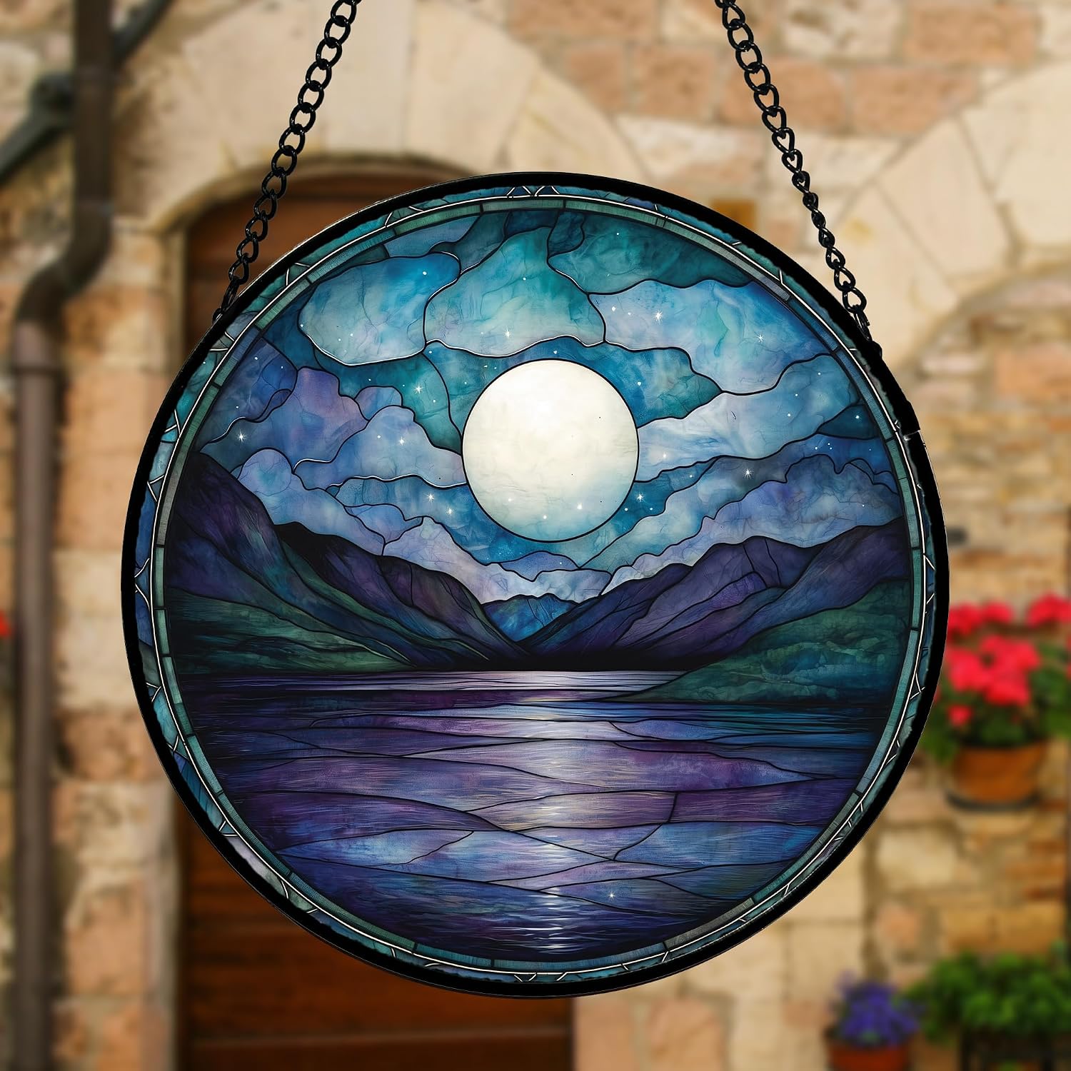 Detalle 2 de Blue Moon Lake stained glass suncatcher 9.8-inch