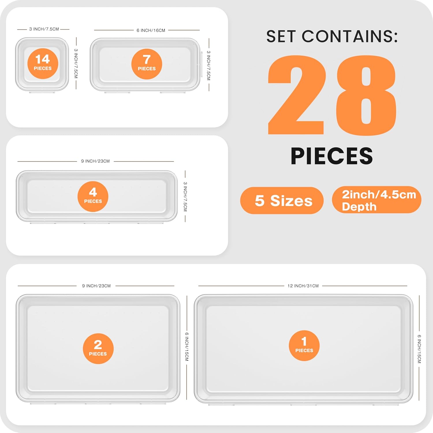 Detalle de A-LuGei Military Grade Drawer Organisers – 28-Piece Clear Set (Five Sizes) for Makeup, Bathroom, Office and More
