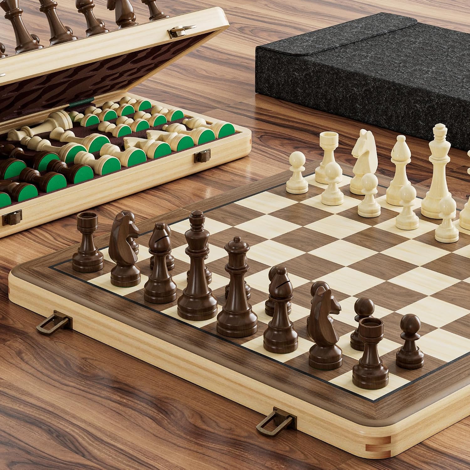 Detalle de Magnetisches Schachspiel 15 Zoll – Klappbares Schachbrett aus Kiefernholz, Kaffee Braun