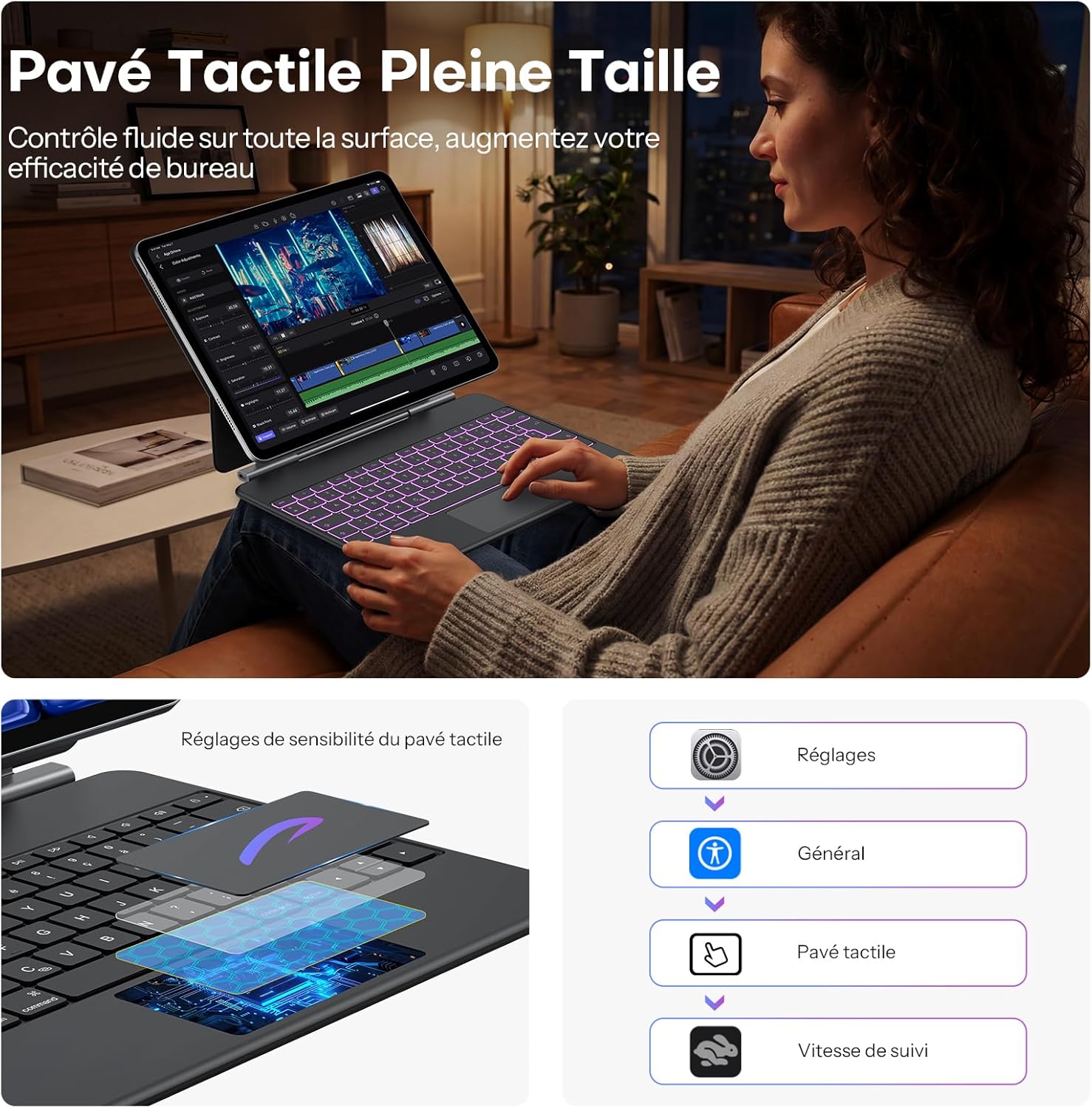 Thumbnail 3 de OMOTON étui clavier pour iPad Air 13" (M4/M3/M2) et iPad Pro 12,9" : clavier rétroéclairé AZERTY ISO-FR