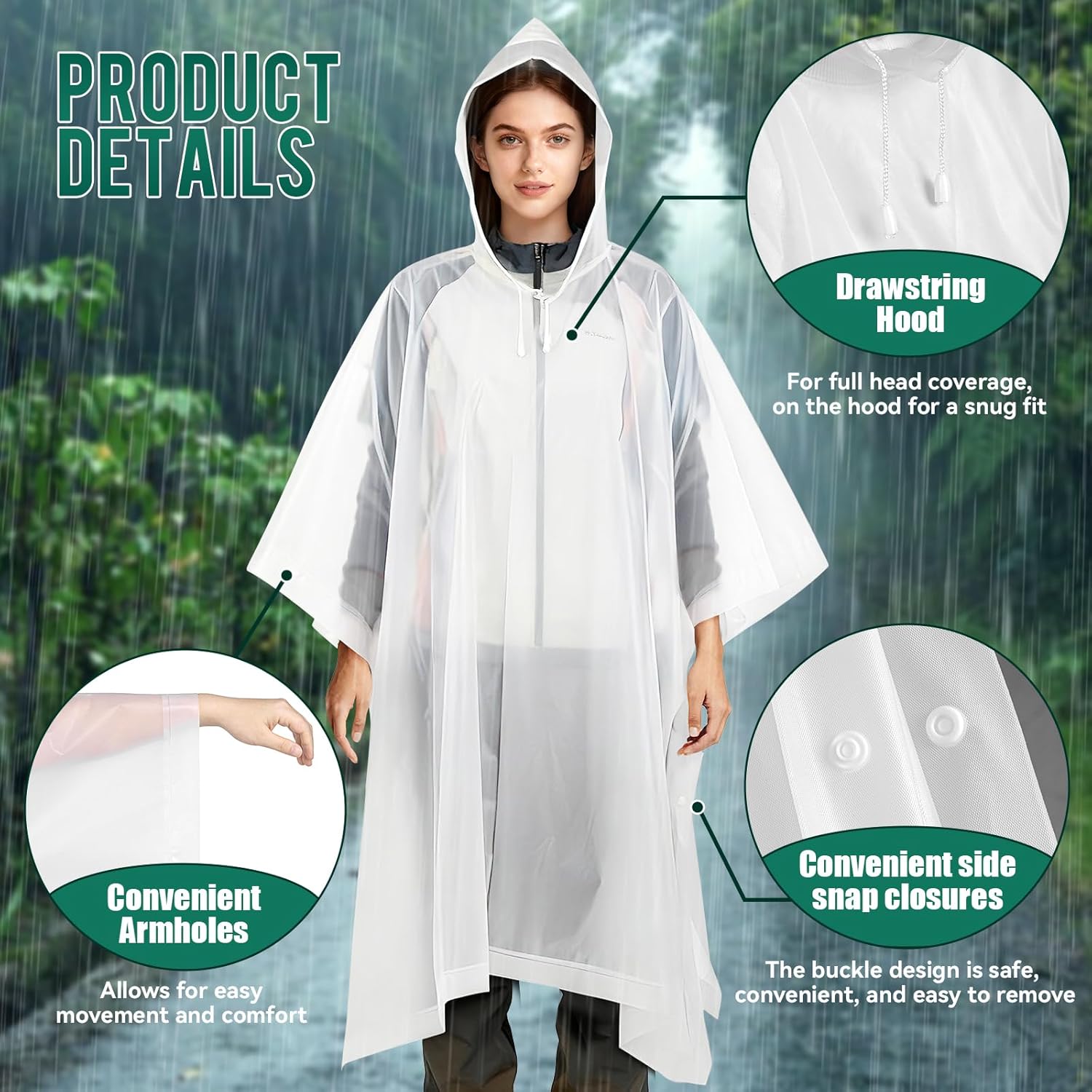 Detalle de Aolegoo 2 Stück Regenponcho aus EVA – Wiederverwendbare Unisex Regencapes, wasserdicht und tragbar
