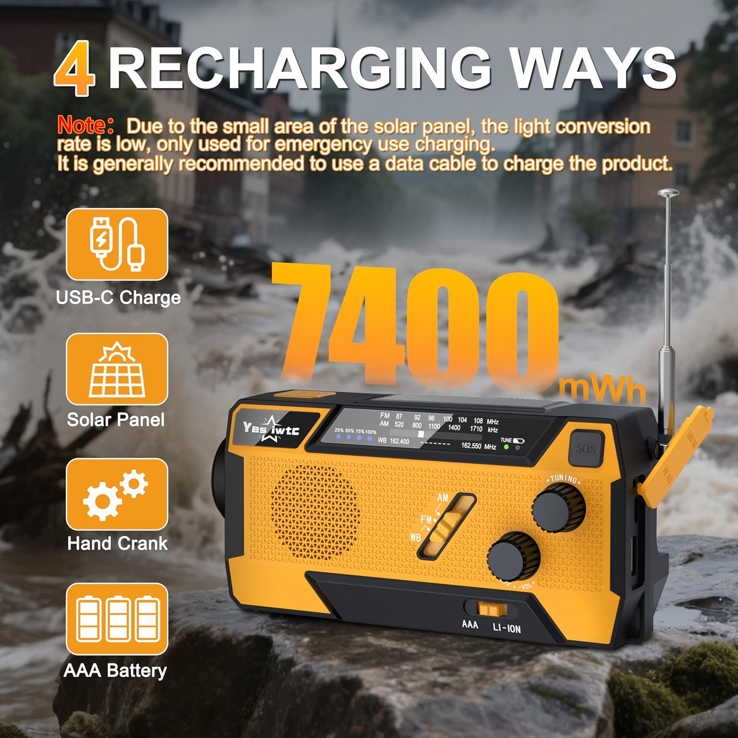Detalle de yesiwtc 090S Emergency Radio with NOAA Weather Band, Hand Crank and Solar Charging