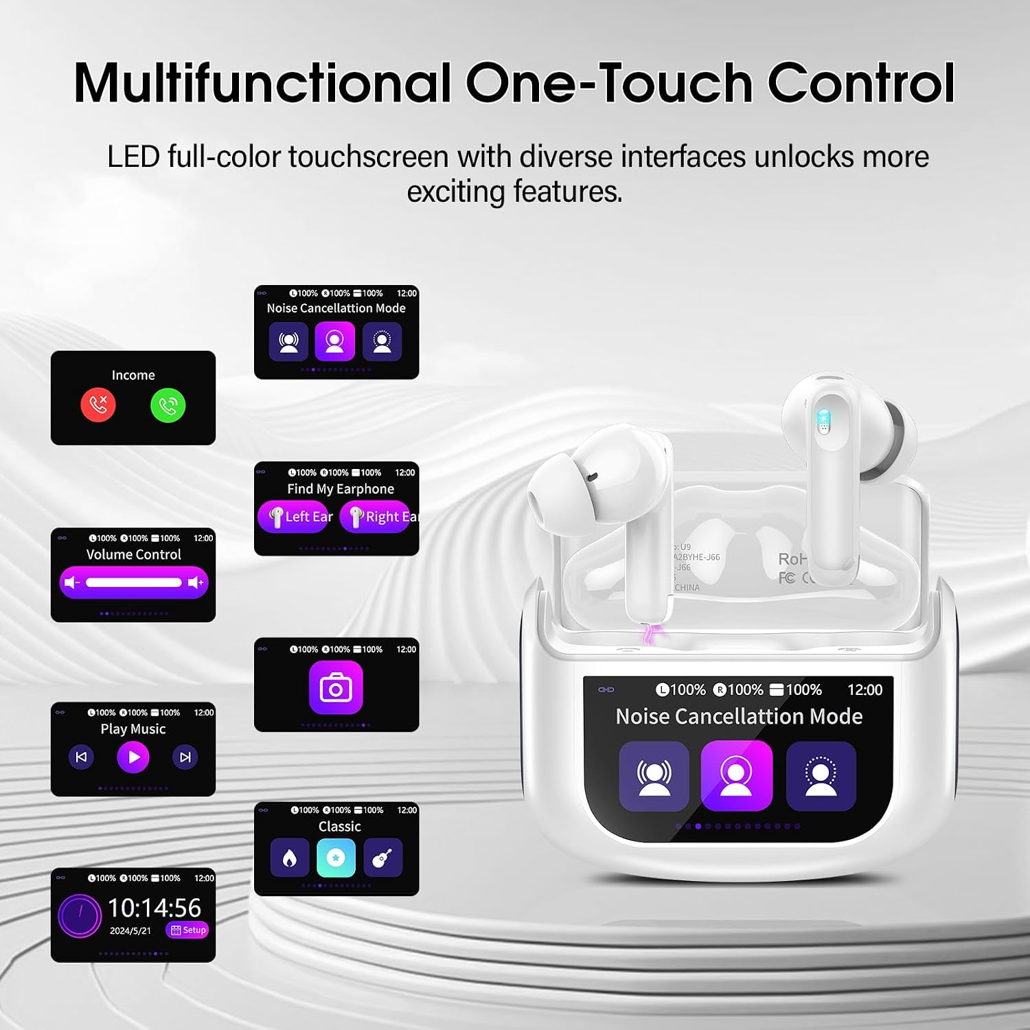 Thumbnail 1 de QXUFV Wireless Earbuds with Smart Touch Screen ANC, BT 5.4, 40H Playtime, IP7 (White)