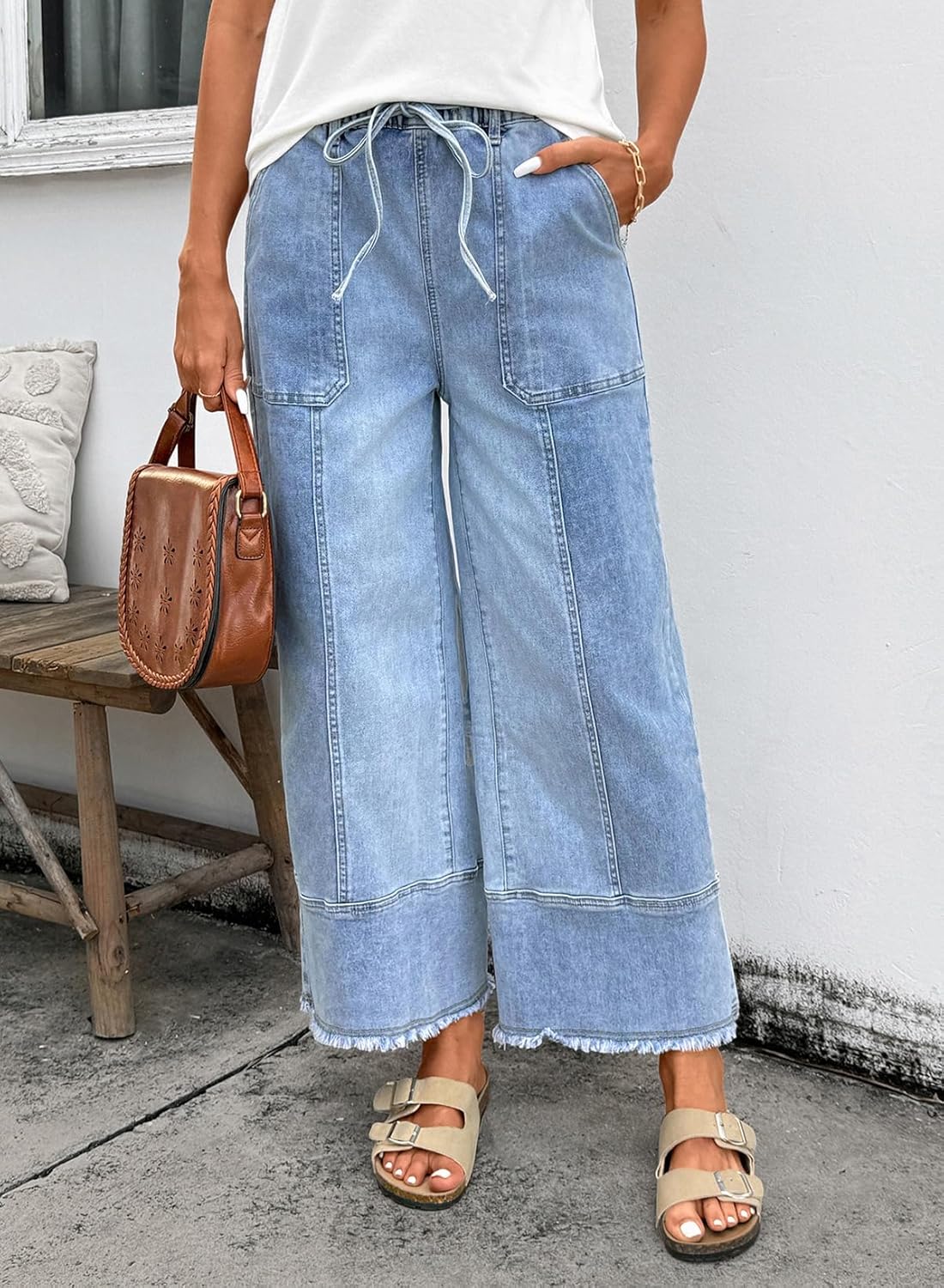 Thumbnail 1 de SHEWIN Women's Wide Leg Jeans with High Waist and Drawstring — Stretchy Baggy Denim Pants