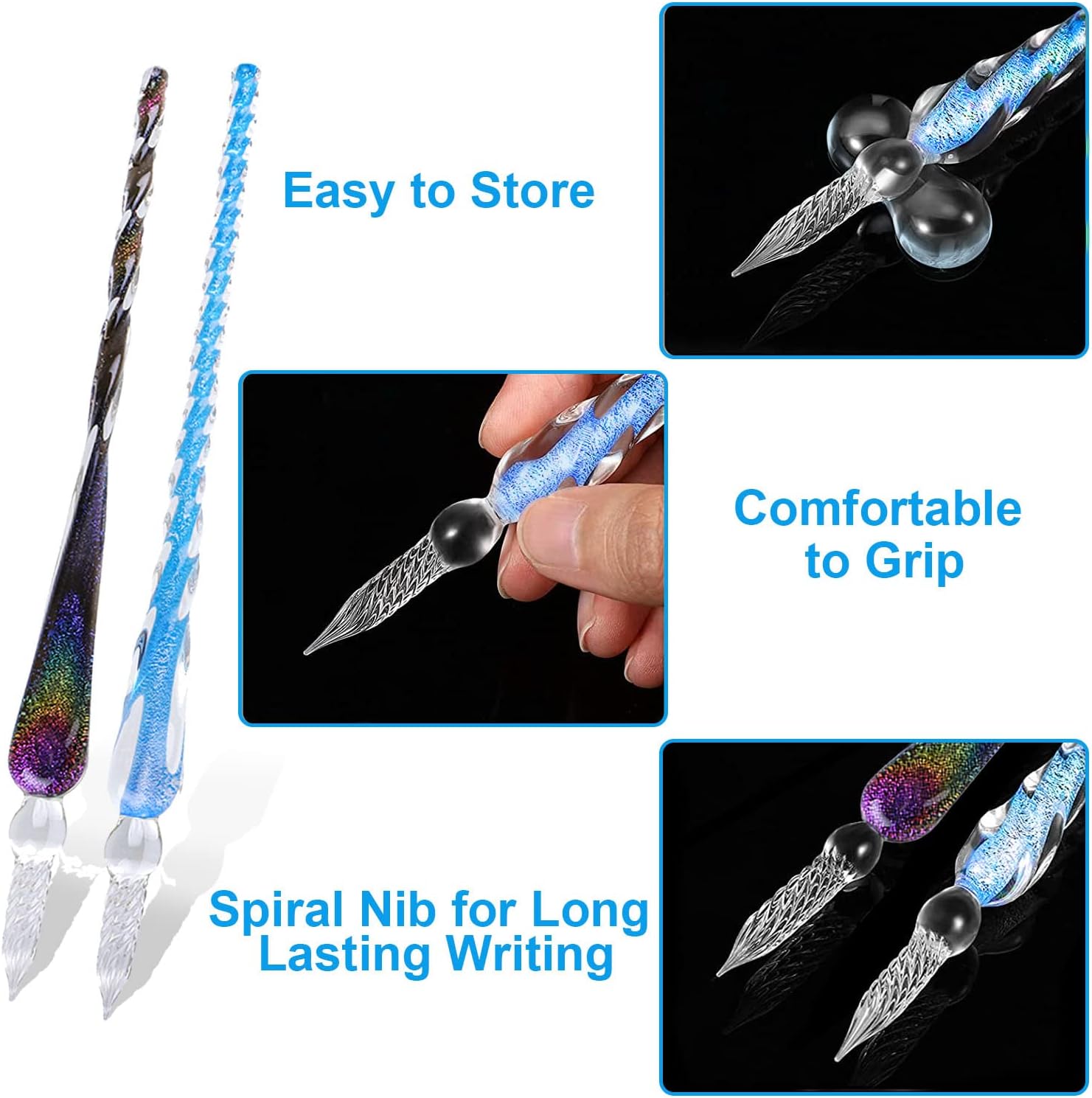 Detalle de OFUN Glass Dip Pen Set: Crystal Glass Dip Pens with 12 Ink Colours