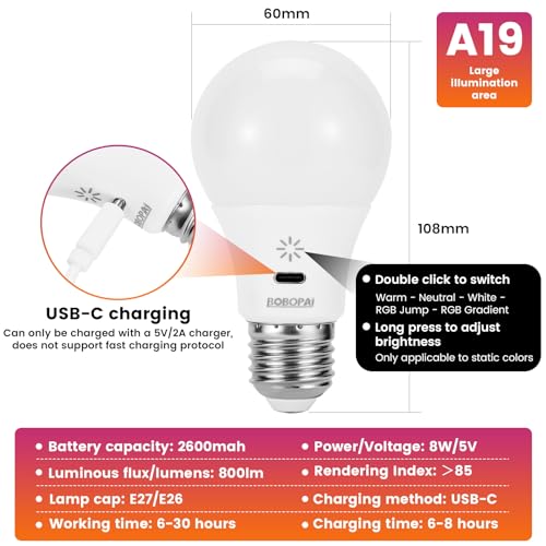 Thumbnail 4 de BOBOPAI Bombilla LED recargable USB tipo E27 RGB con mando, 8W y control táctil