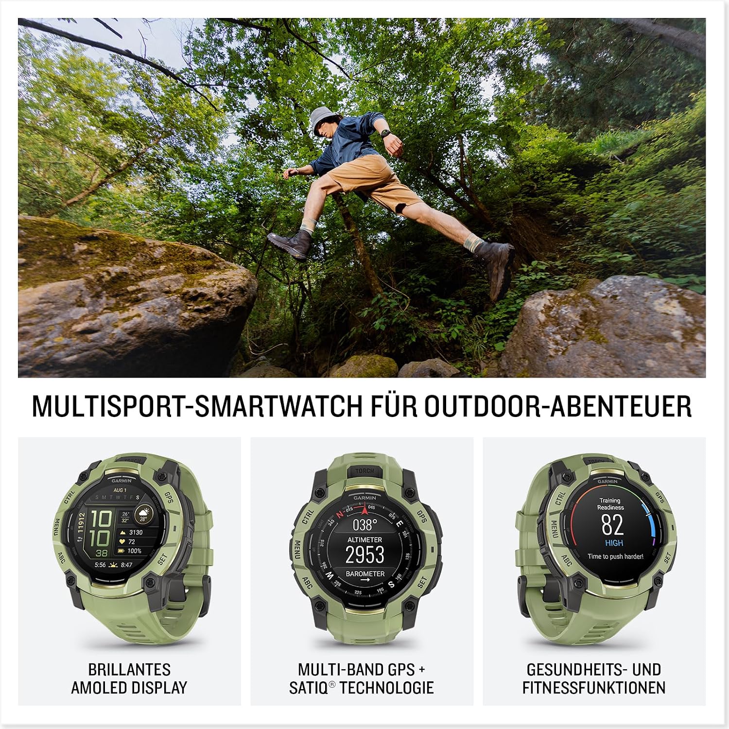 Detalle 2 de Garmin Instinct 3 50mm AMOLED – GPS-Multisport-Smartwatch mit Navigation, bis zu 24 Tagen Akku und LED-Taschenlampe