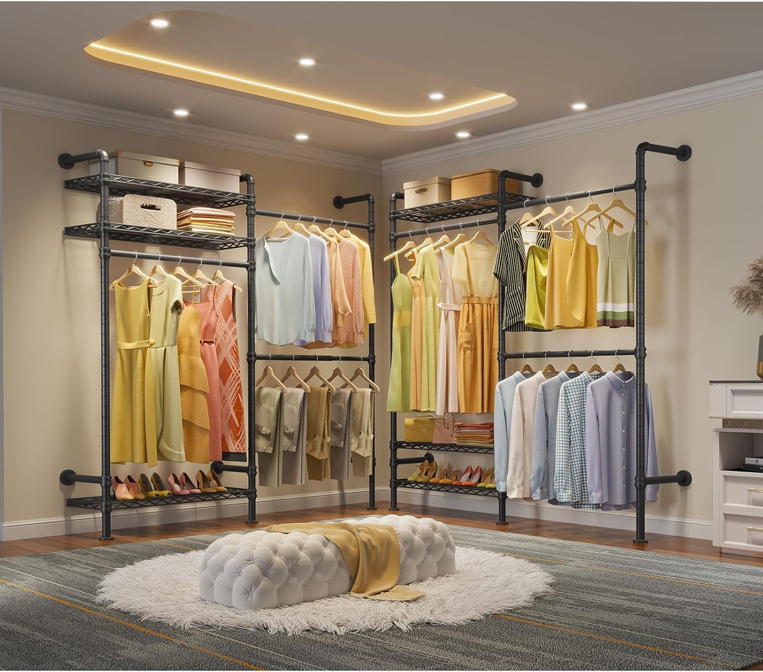 Detalle 1 de Timate F2 Black Industrial Pipe Clothing Rack, 3 Shelves and Expandable Rods