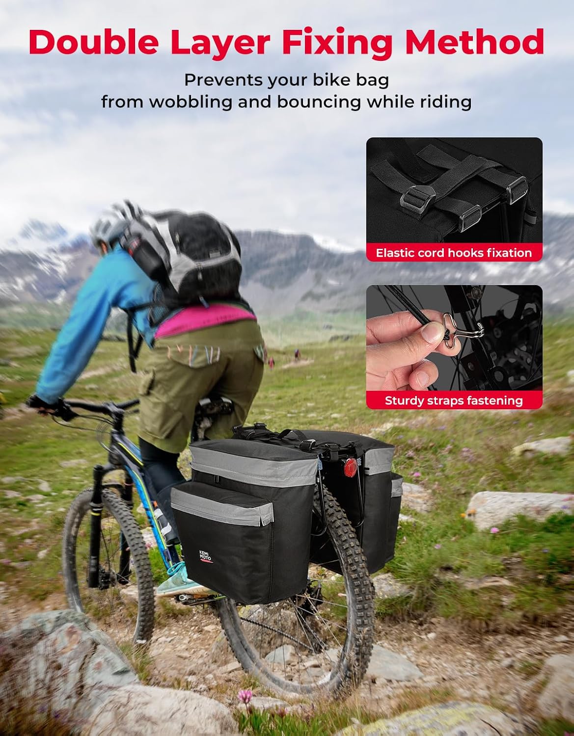 Detalle de KEMIMOTO 34L Bike Panniers with Rain Cover, 600D PVC, Gray